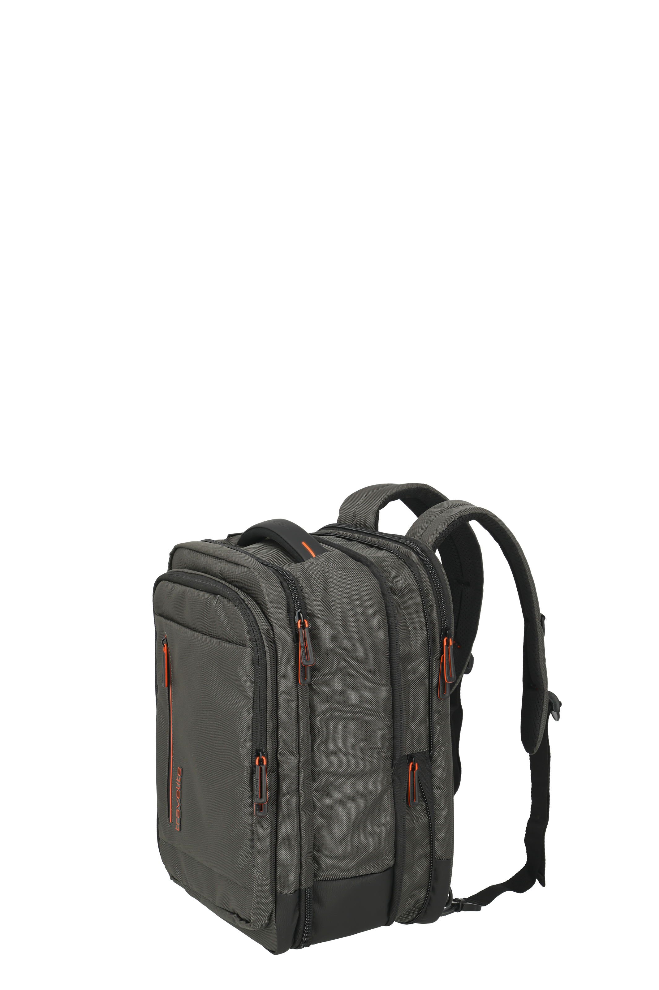 Robuster grauer Rucksack mit mehreren Fächern und orangefarbenen Details für Alltag und Reisen