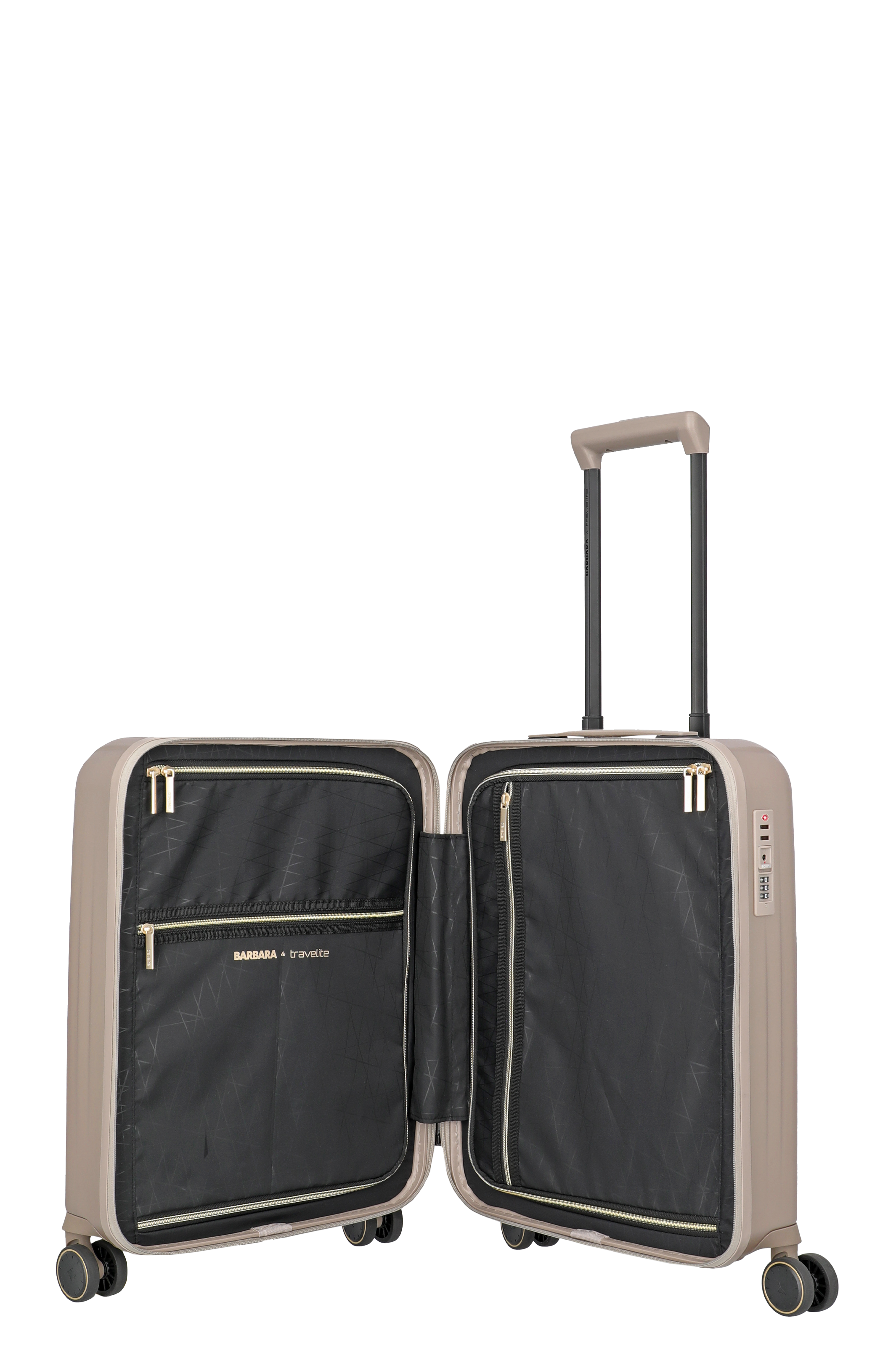 Offener Hartschalen-Trolley in Beige mit vier Rollen und geräumigen Innenfächern