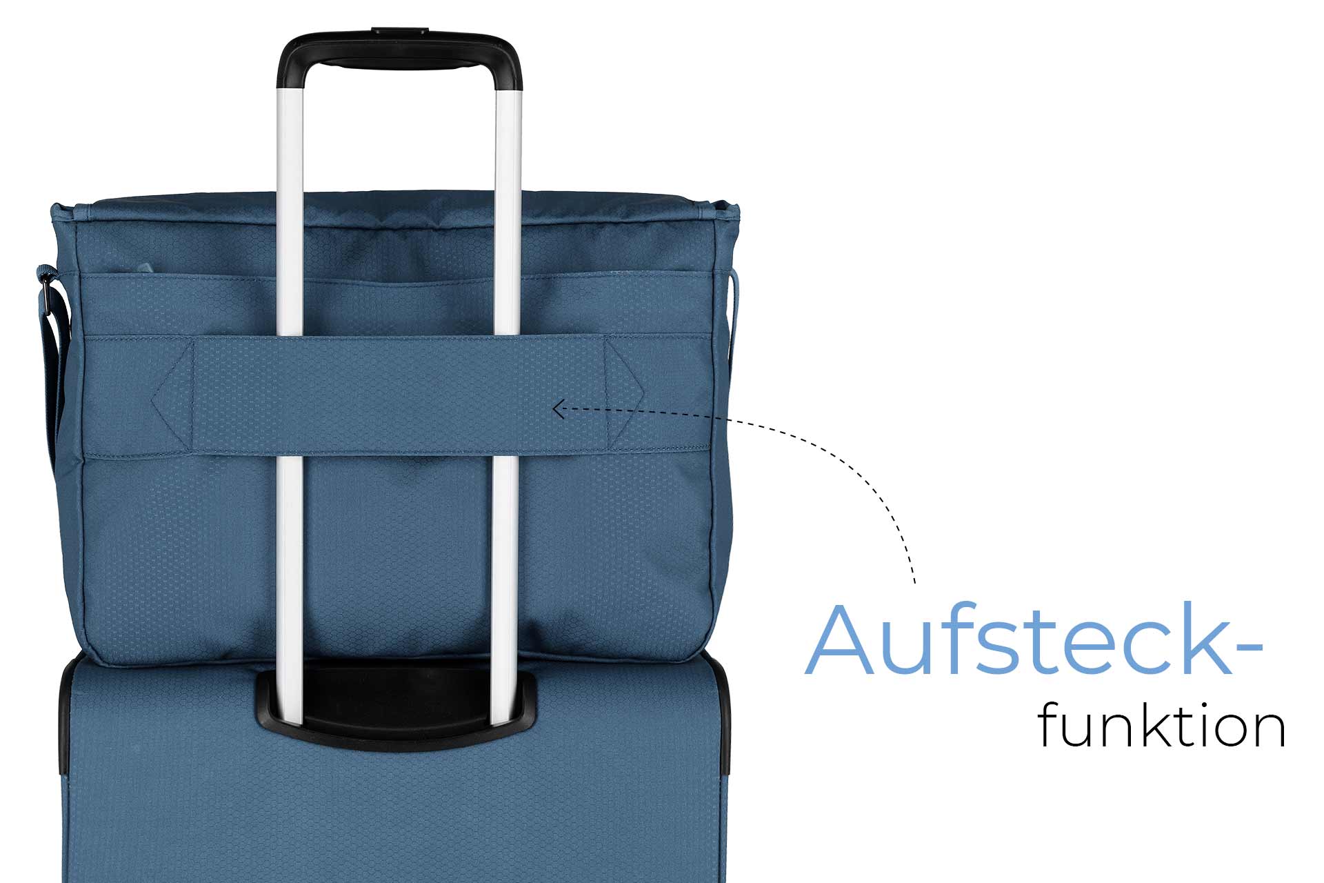 Reisetasche mit Aufsteckfunktion auf Trolley Detailansicht einer blauen Reisetasche, die mit ihrer Aufsteckfunktion sicher auf einem Trolley-Griff befestigt ist.