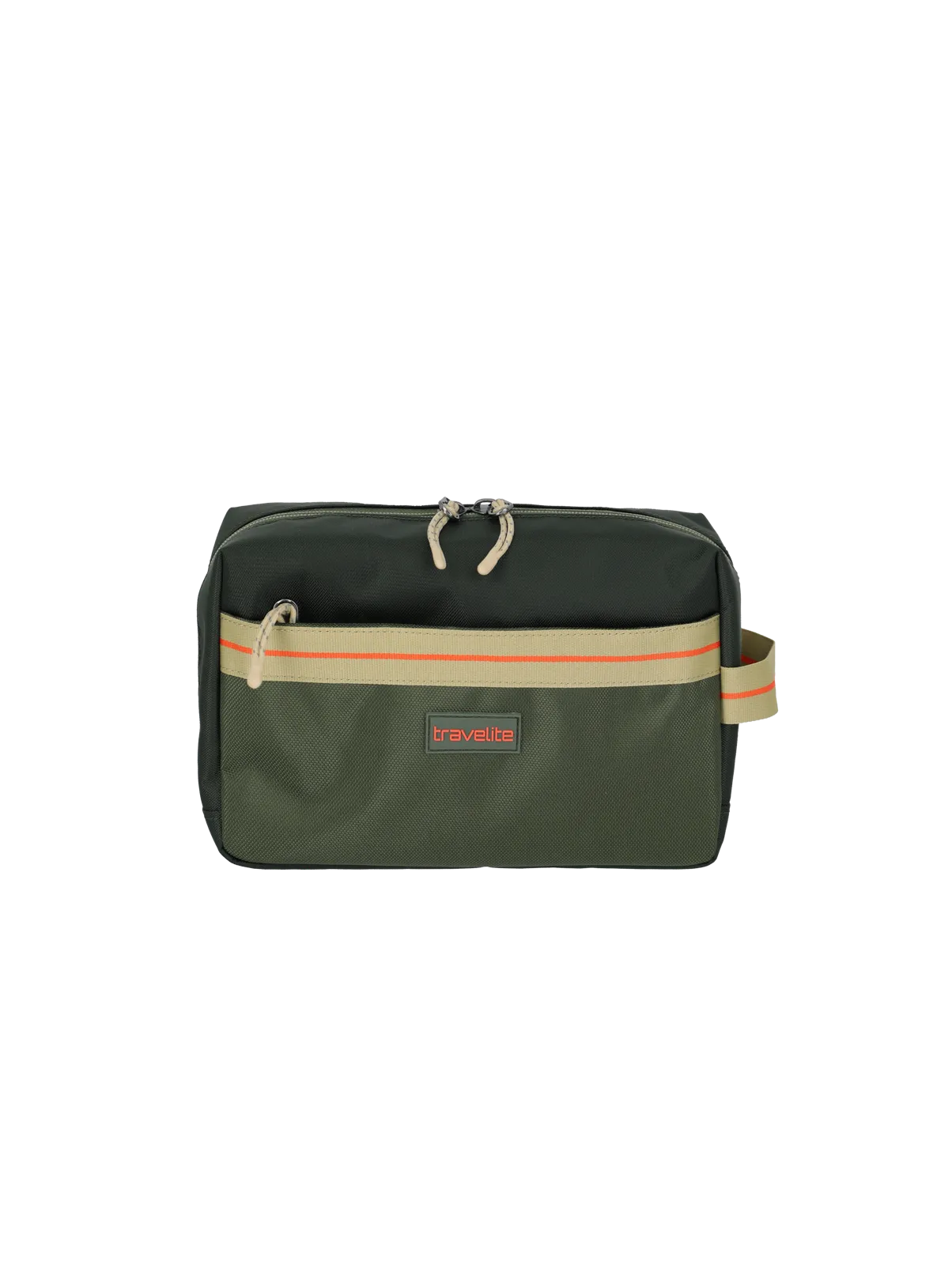 Travelite Kulturtasche in Olivgrün mit beigem Reißverschluss und rotem Logo – praktische Kosmetiktasche für Reisen Olivgrüne Travelite Kulturtasche mit beigem Reißverschluss, Fronttasche und rotem Travelite-Logo, ideal für Hygieneartikel auf Reisen