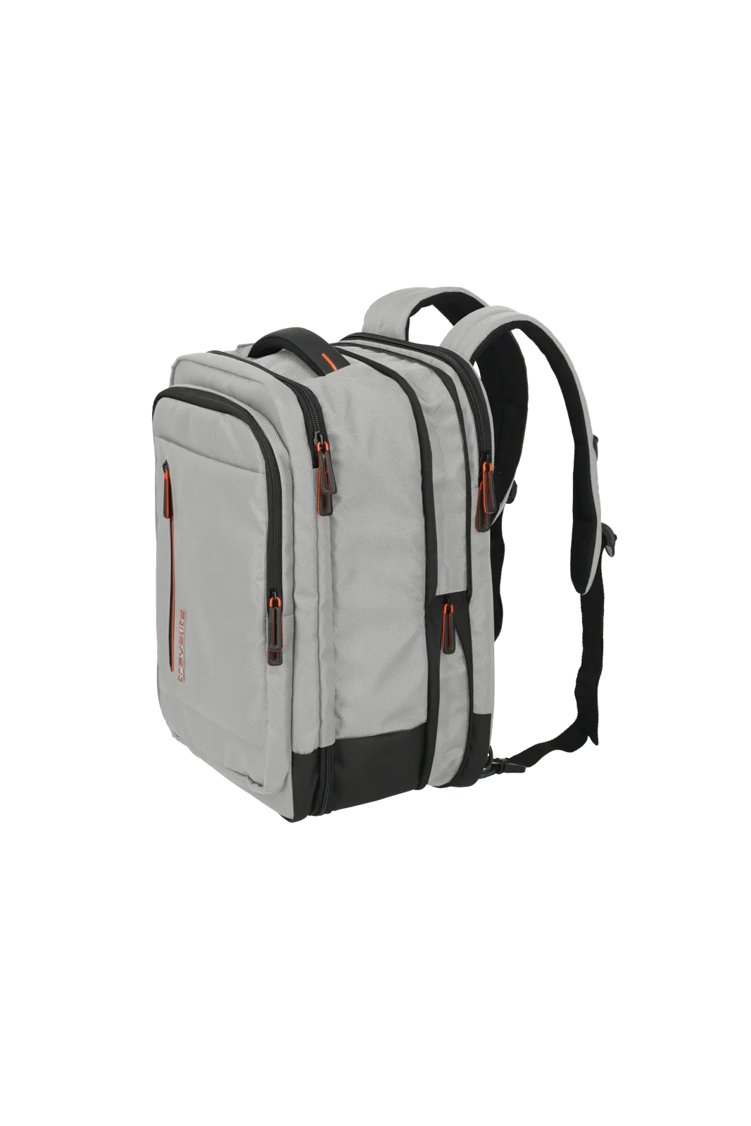 Geräumiger grauer Rucksack mit mehreren Fächern und schwarzen Details – ideal für Schule, Beruf und Freizeit Grauer Rucksack mit schwarzen und orangenen Akzenten, mehreren Reißverschlüssen und gepolsterten Schultergurten