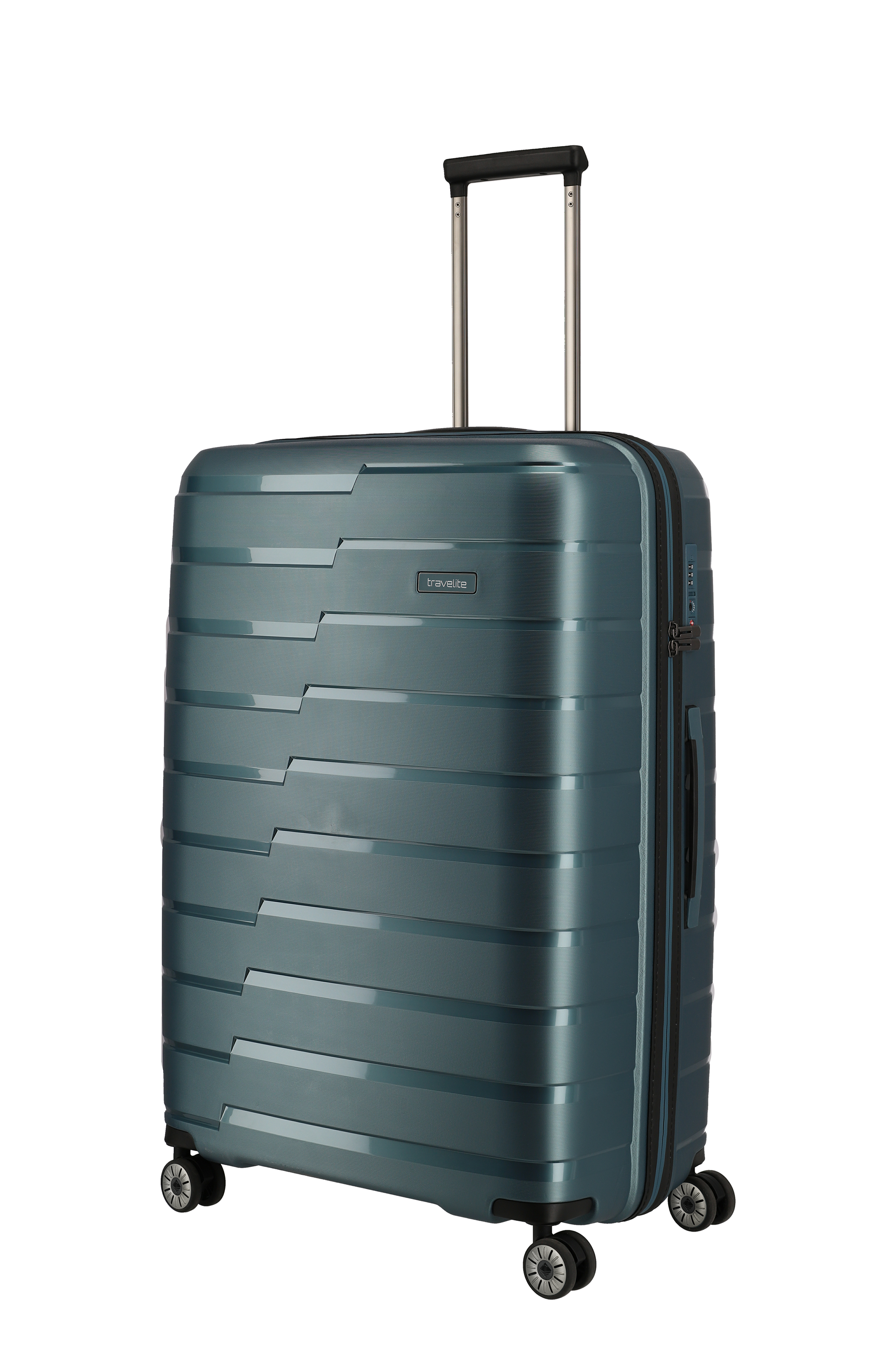 Großer Hartschalenkoffer in Dunkelgrün mit Teleskopgriff und vier Rollen – ideal für Reisen
