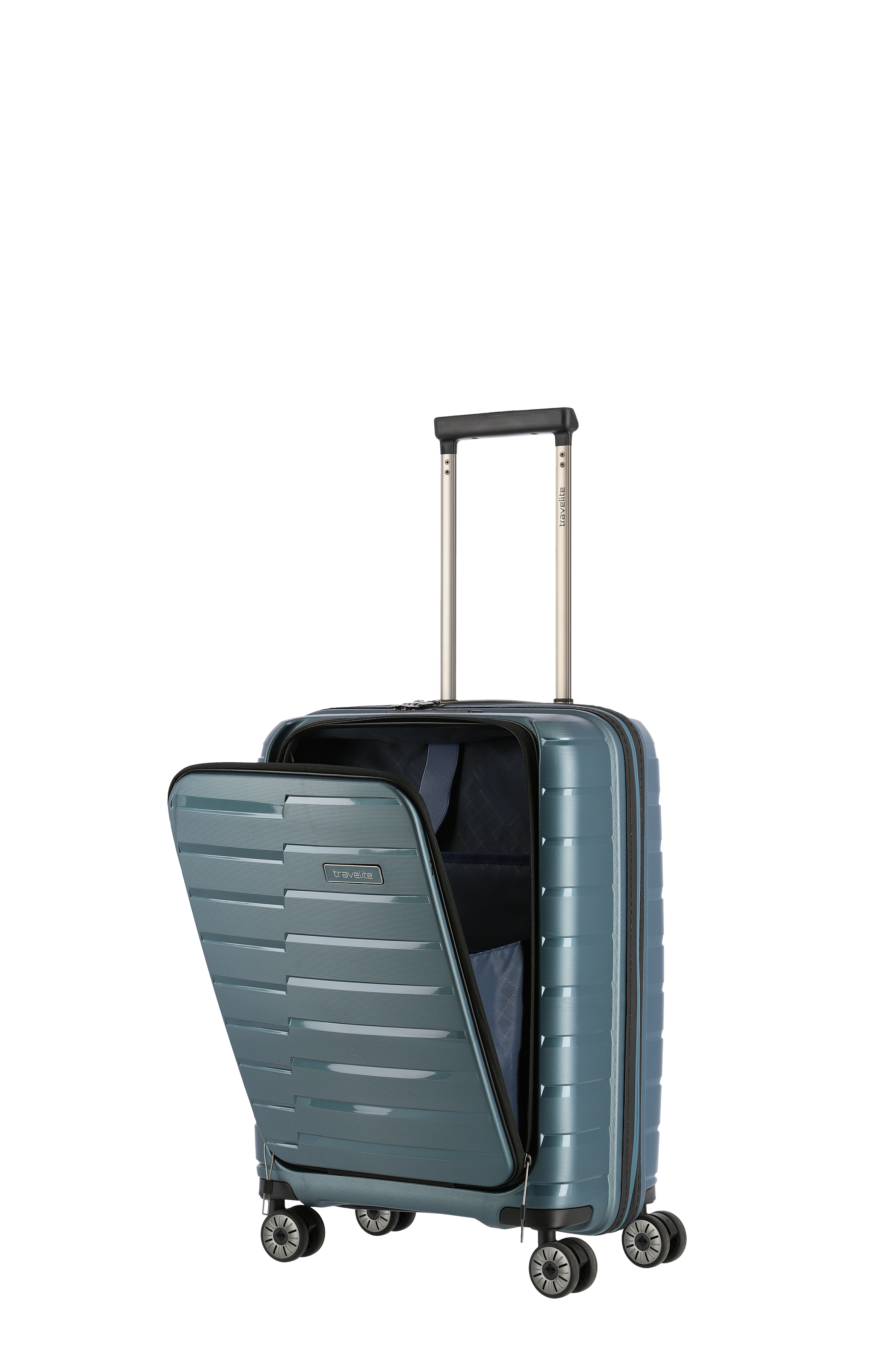 Hartschalenkoffer mit Frontfach, vier Rollen und ausziehbarem Griff in Blau