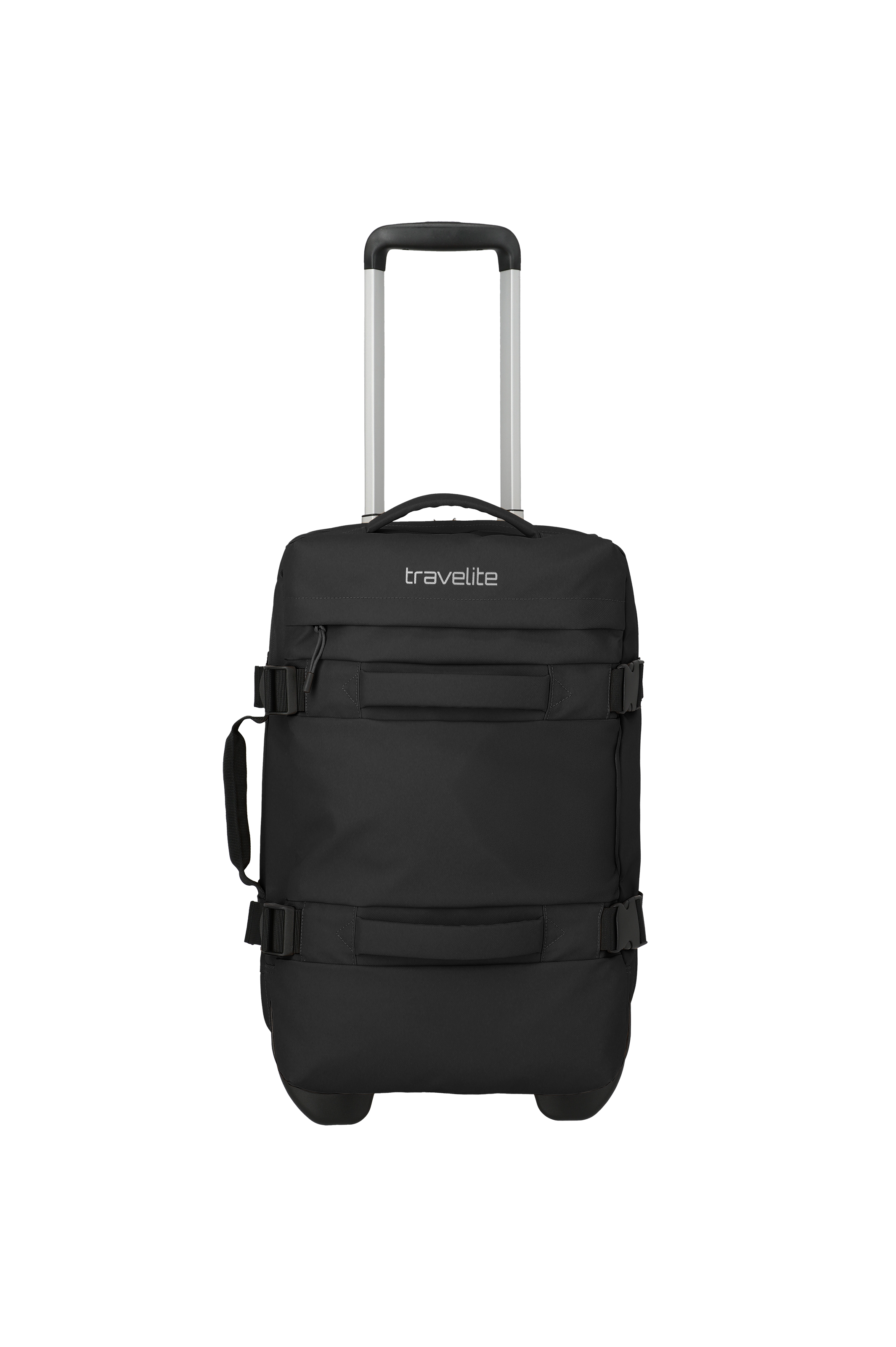 Schwarzer Rollkoffer der Marke Travelite vor schwarzem Hintergrund. Der Koffer hat einen ausziehbaren, silberfarbenen Griff und zwei Rollen am Boden. Zwei Tragegurte mit Schnallen umspannen den Koffer horizontal.