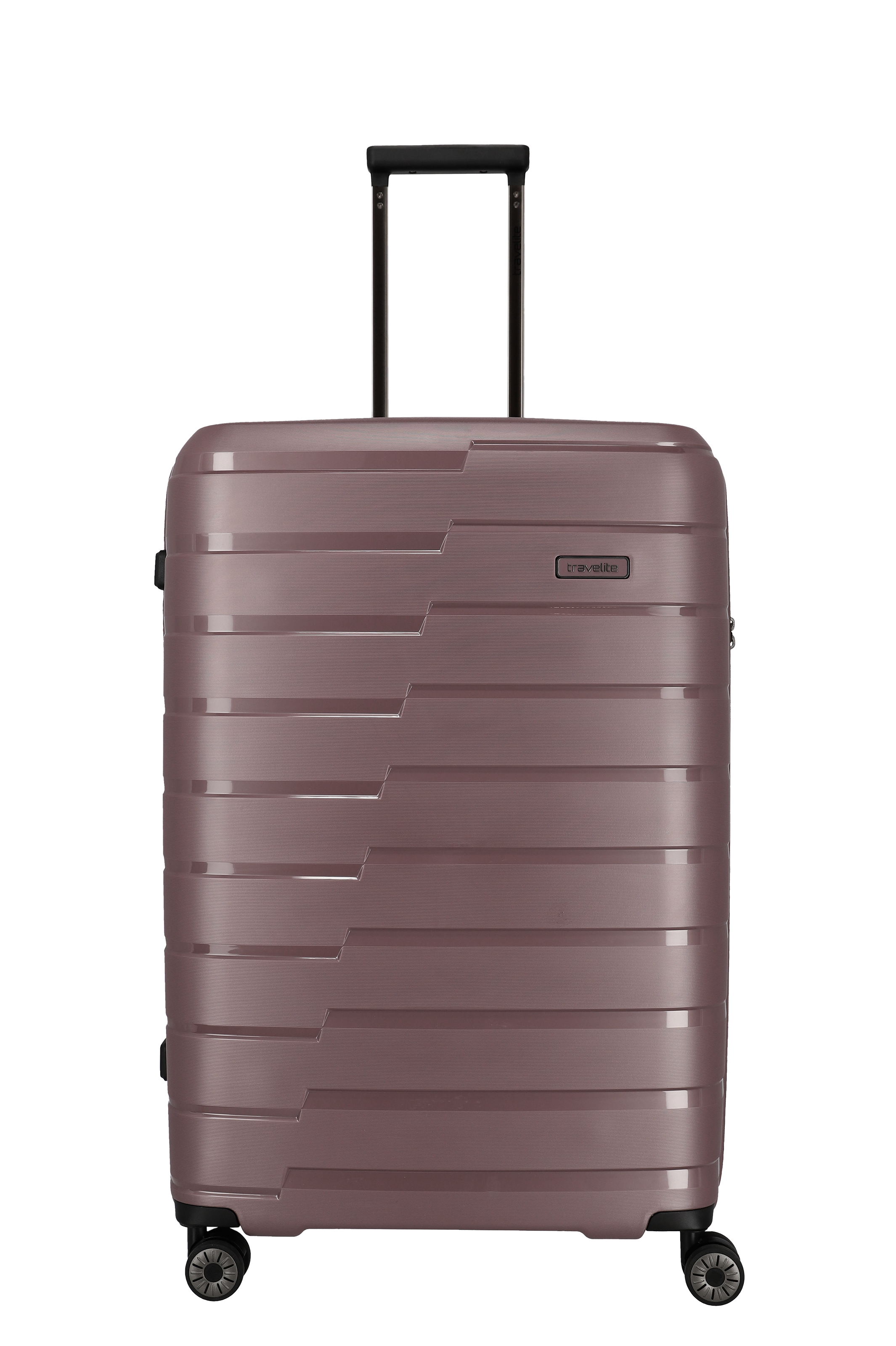 Moderner Hartschalenkoffer in Braun mit Rollen und Teleskopgriff – ideal für Reisen Großer brauner Hartschalenkoffer mit vier Rollen und ausziehbarem Teleskopgriff, stehend auf hellem Hintergrund