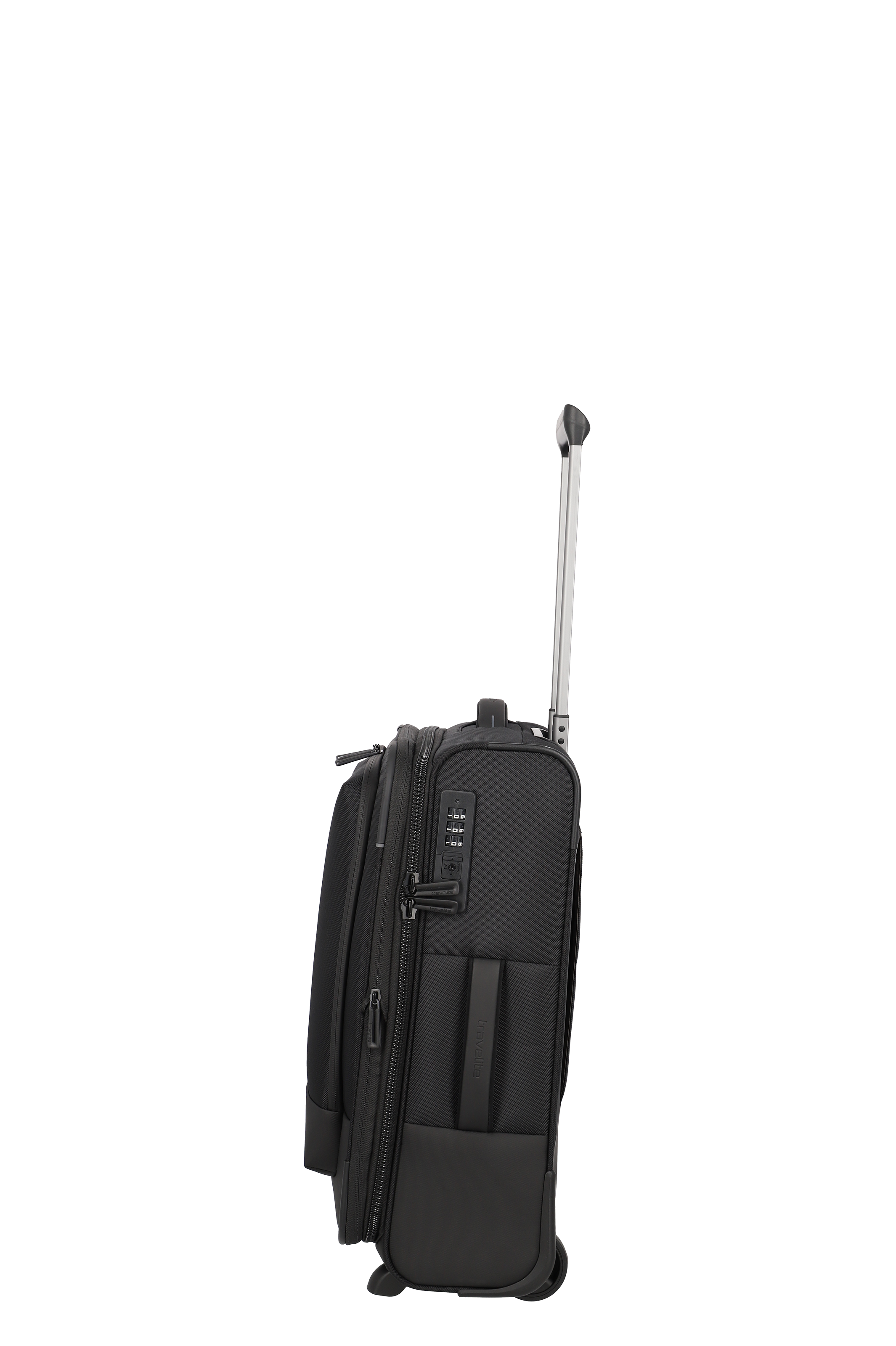 Schwarzer, moderner Trolley mit Zahlenschloss und Teleskopgriff, Seitenansicht – ideal als Handgepäck für Geschäftsreisen
