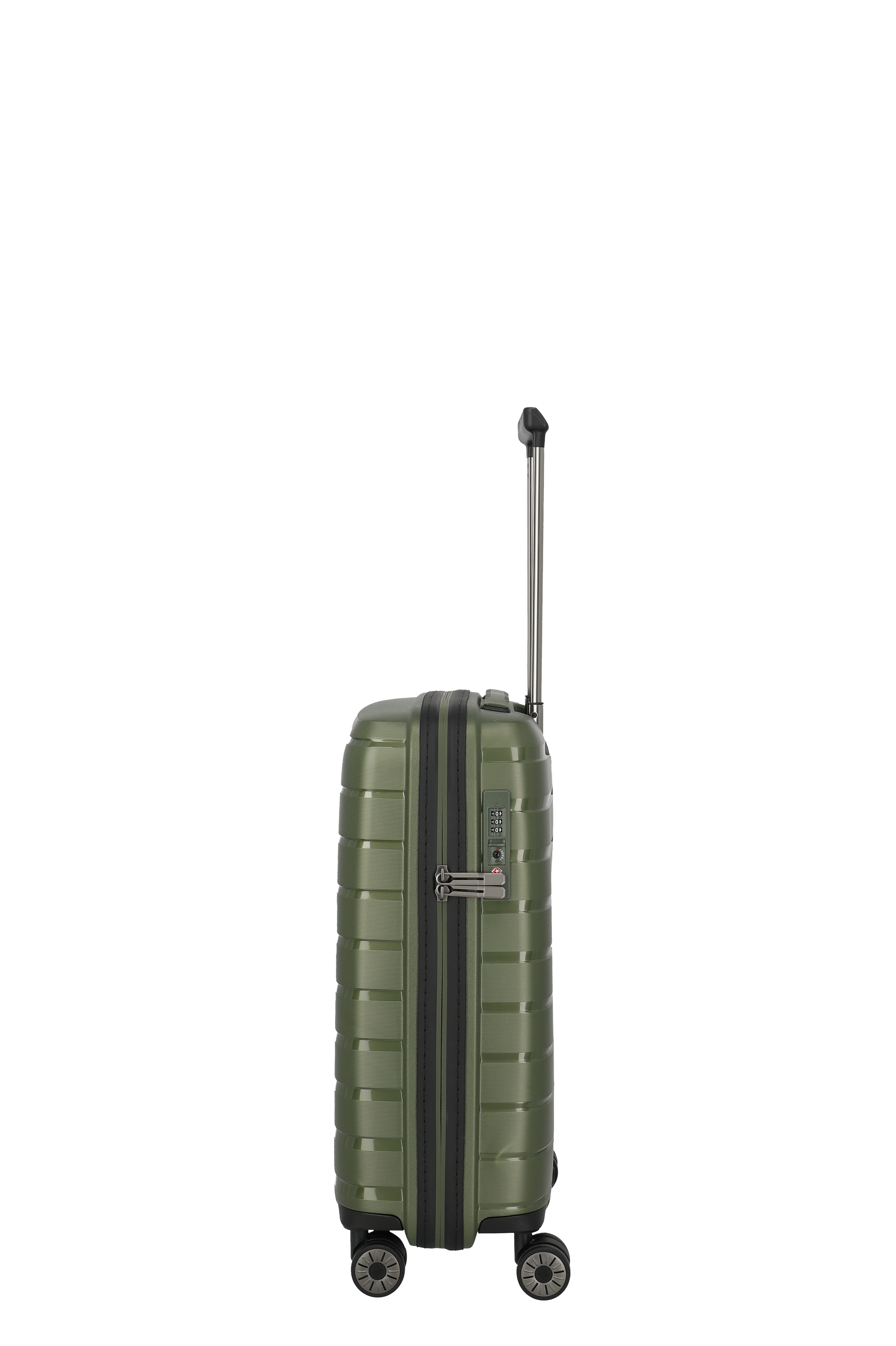 Seitenansicht eines grünen Hartschalen-Trolleys mit Teleskopgriff und Zahlenschloss