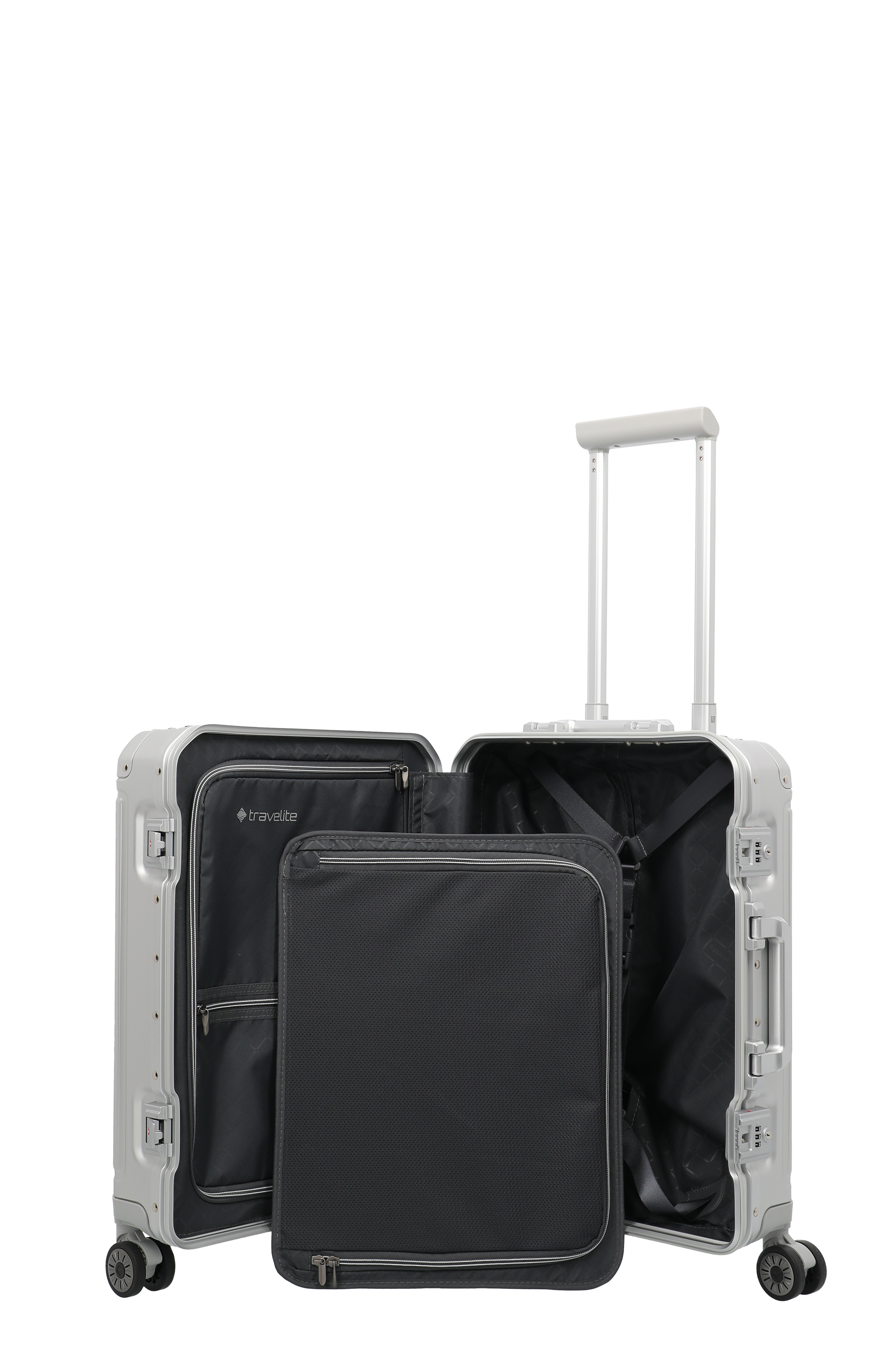 Robuster Trolley-Koffer aus Aluminium mit großem Innenraum und praktischen Fächern – ideal für Reisen