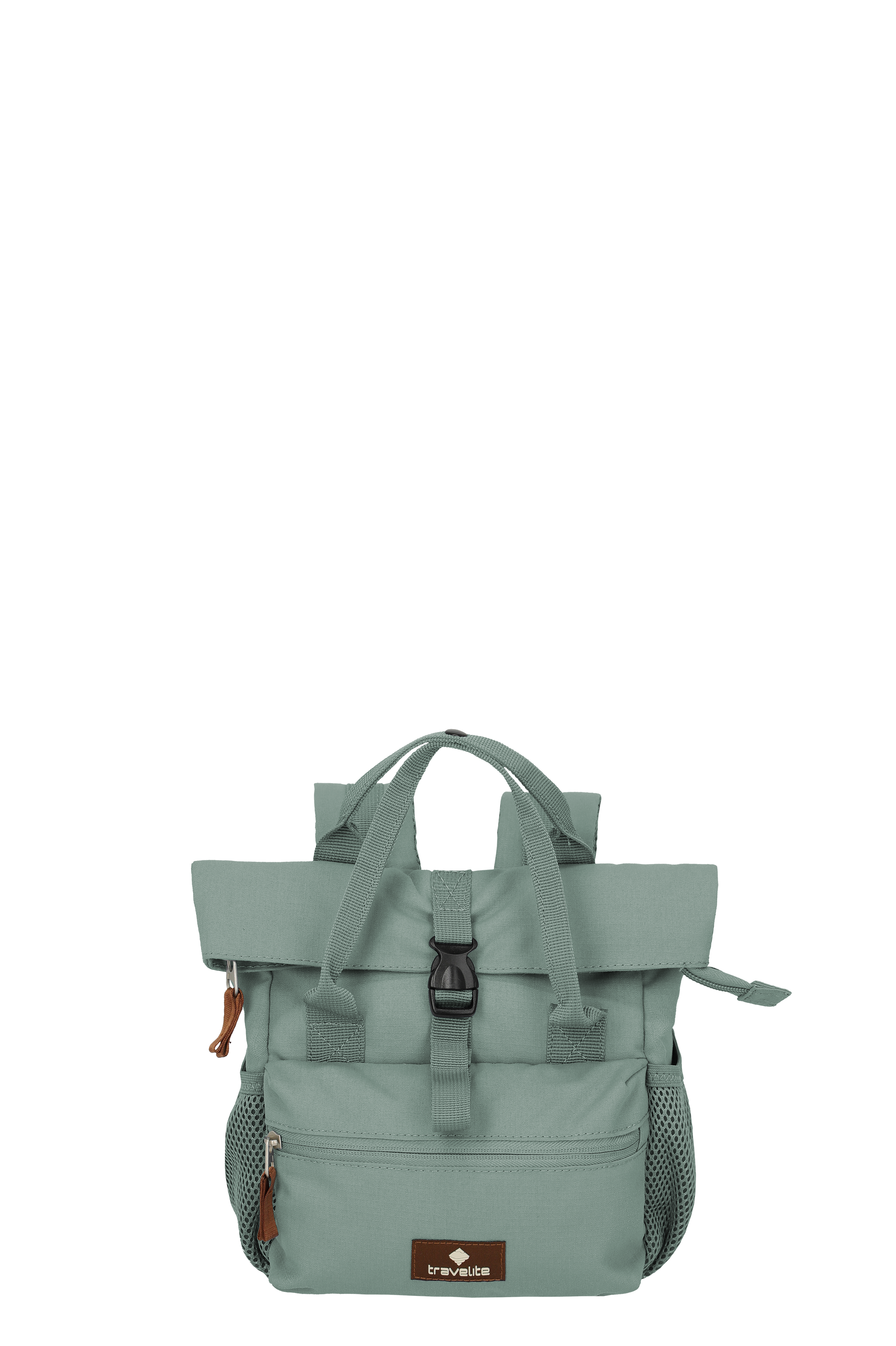 Mini-sac à dos à roulettes vert menthe de TRAVELITE sur fond noir. Avec de courtes poignées, des bretelles rembourrées et une poche zippée à l'avant. Sur chaque côté, une poche en filet et une fermeture à glissière.