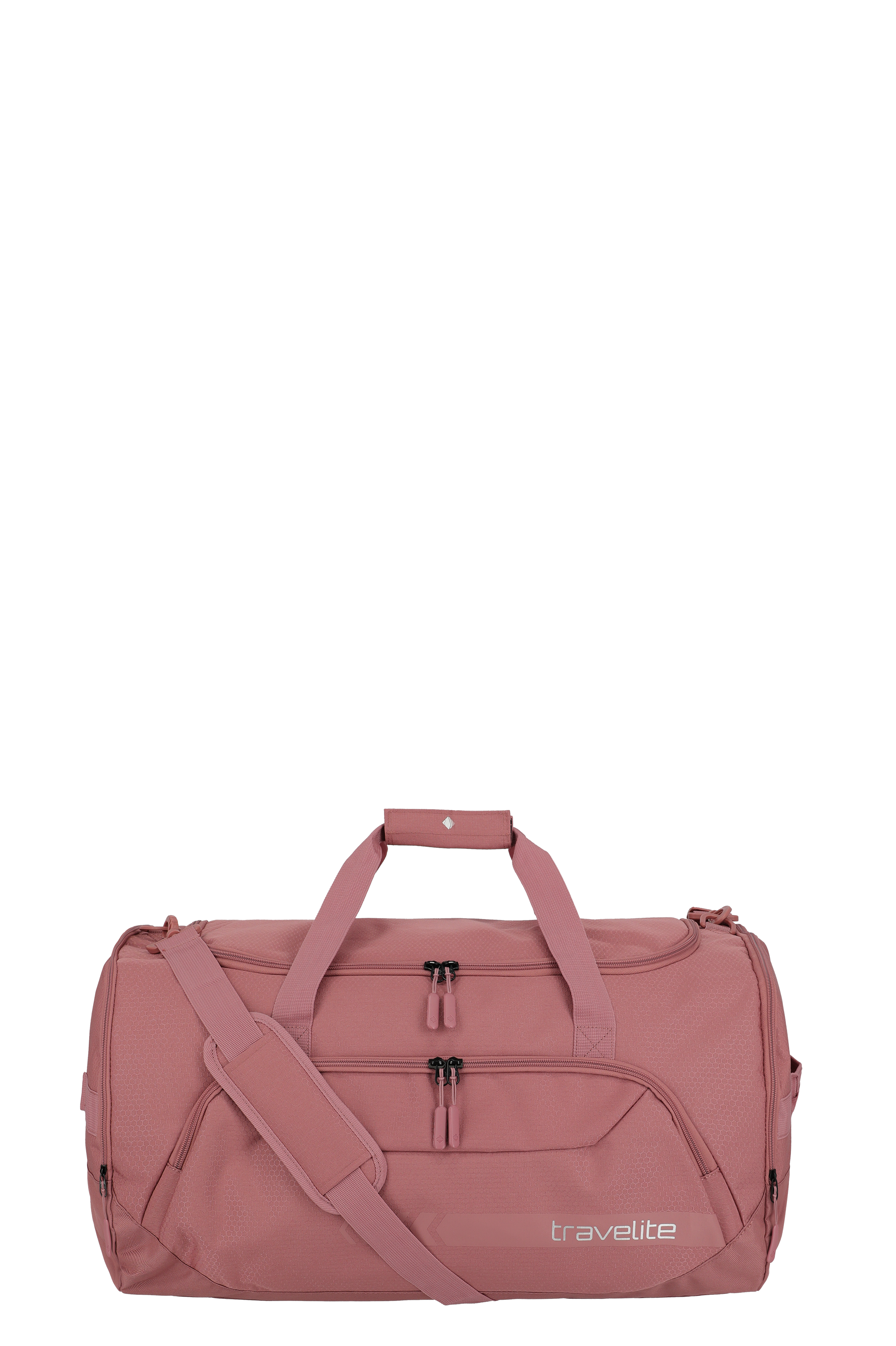 Un sac de loisirs rose et rectangulaire TRAVELITE est posé sur un fond noir. Le sac a des poignées courtes et une longue bandoulière. Deux poches zippées se trouvent sur le devant.