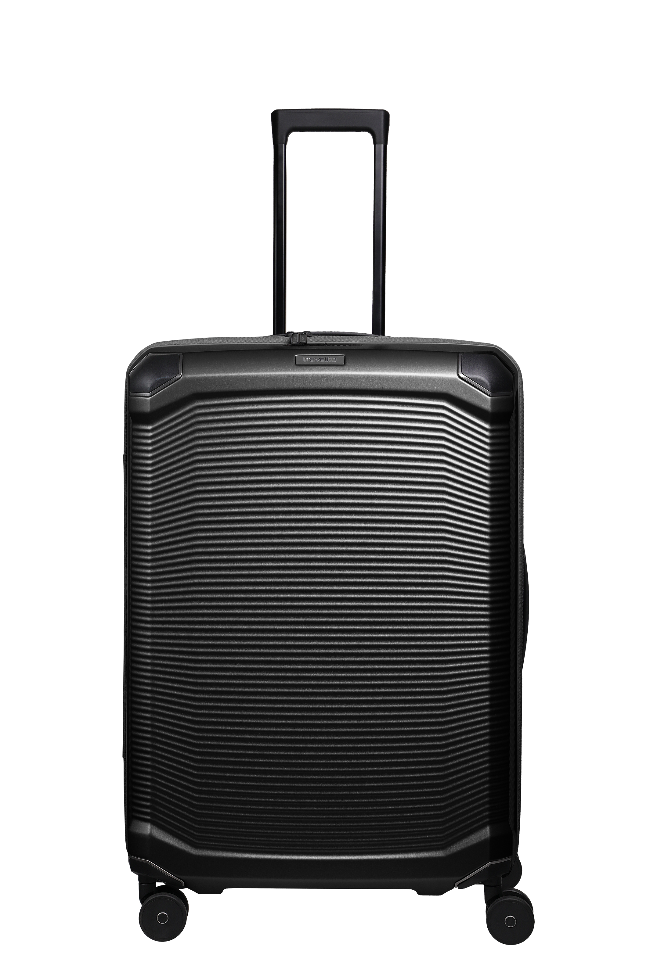Gris oscuro TRAVELITE Trolley L con asa telescópica y ruedas sobre fondo negro. La superficie de la maleta presenta líneas horizontales estriadas y esquinas redondeadas.