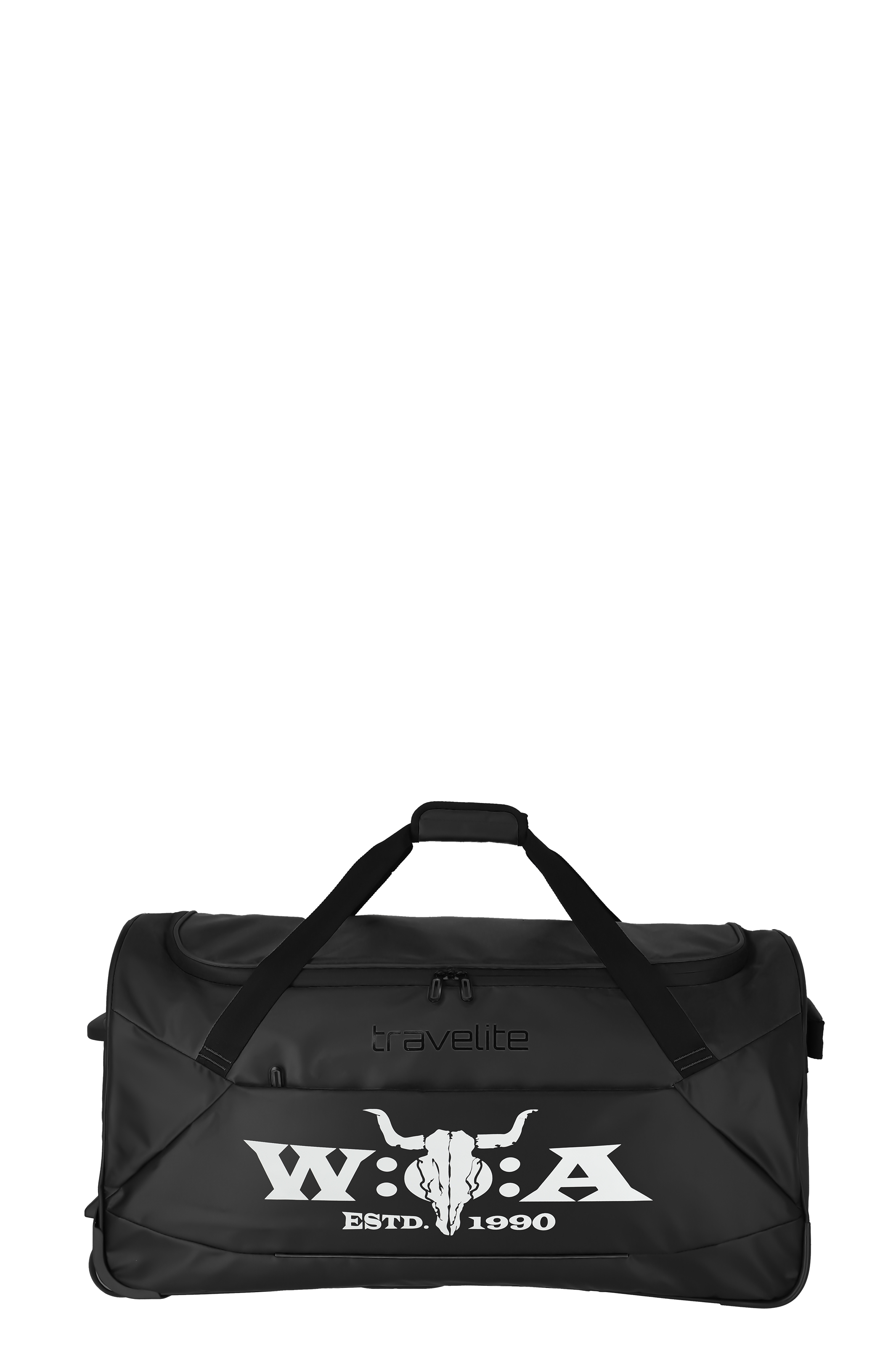 Bolsa de viaje enrollable negra de la marca TRAVELITE, con un gran logotipo W:O:A blanco en el centro que incluye una calavera de toro y las letras "ESTD. 1990". Tiene asas negras en la parte superior.