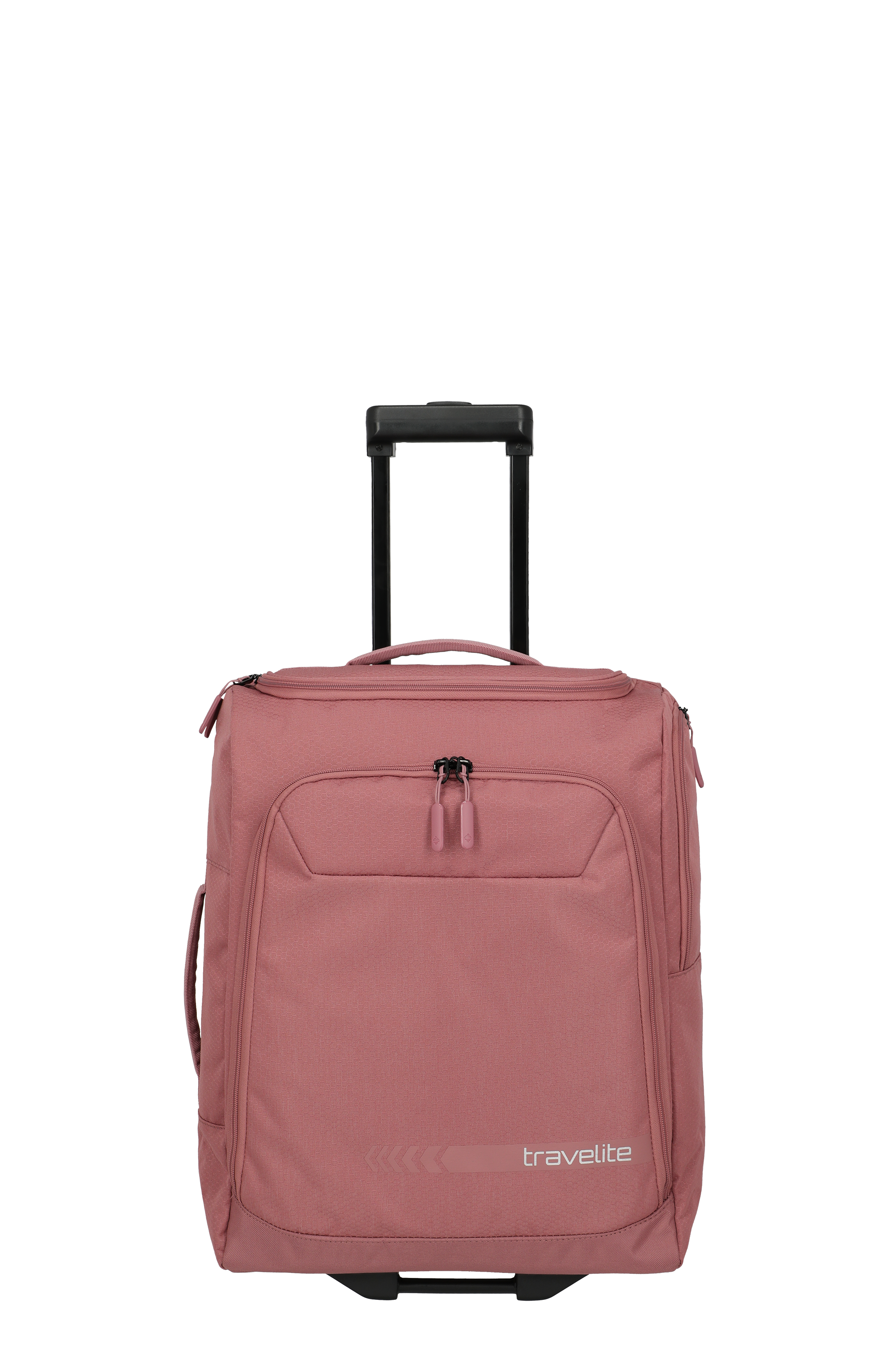 A pink wheeled travel bag stands on a black background. The trolley has an extendable handle and is labelled with the TRAVELITE logo. There is a small outer pocket with a zip on the front.