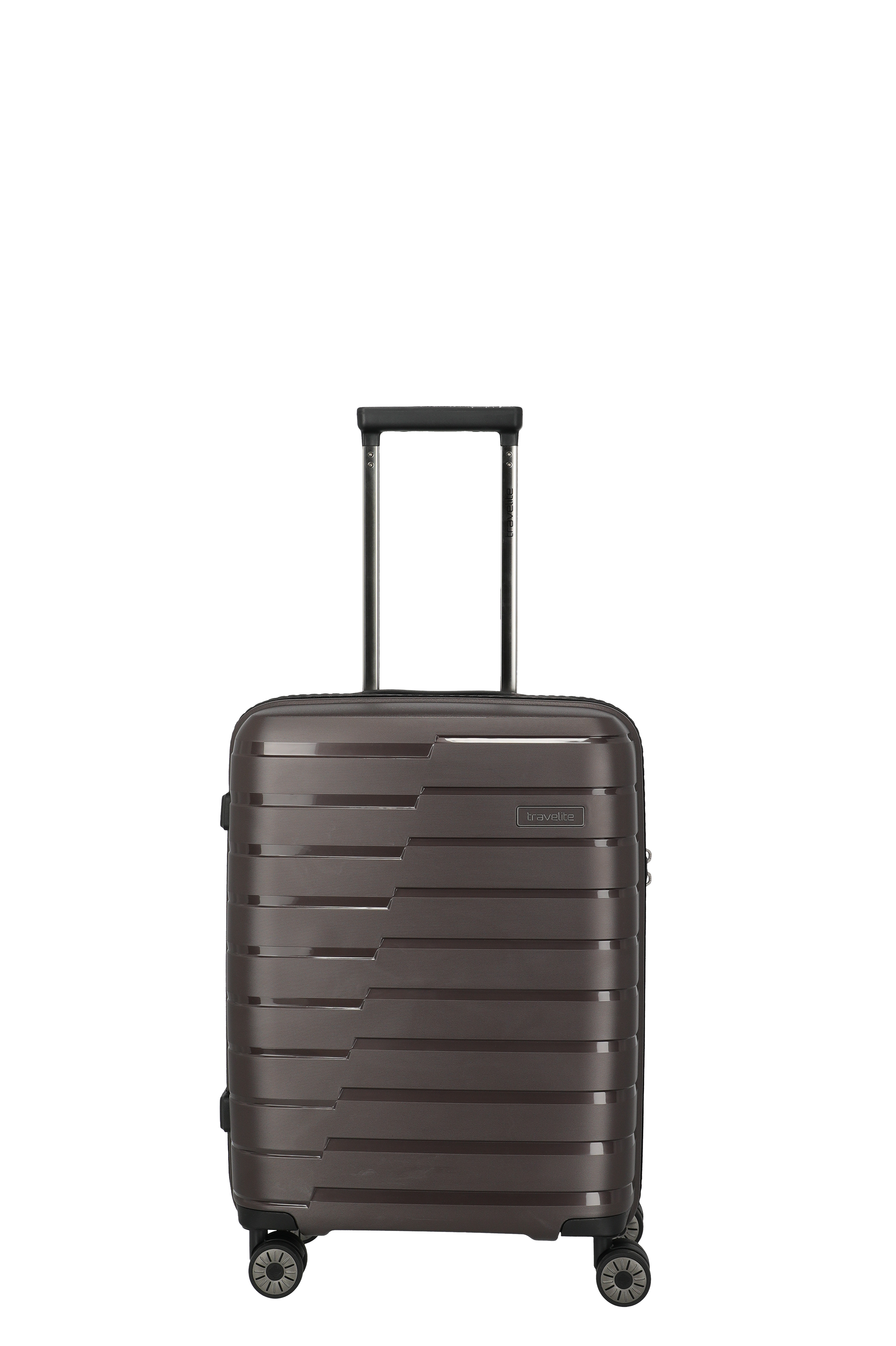 Travelite Hartschalen-Trolley in Braun mit 4 Rollen und Teleskopgriff Brauner Hartschalen-Handgepäckkoffer von Travelite mit 4 Doppelrollen und ausziehbarem Teleskopgriff, frontal abgebildet