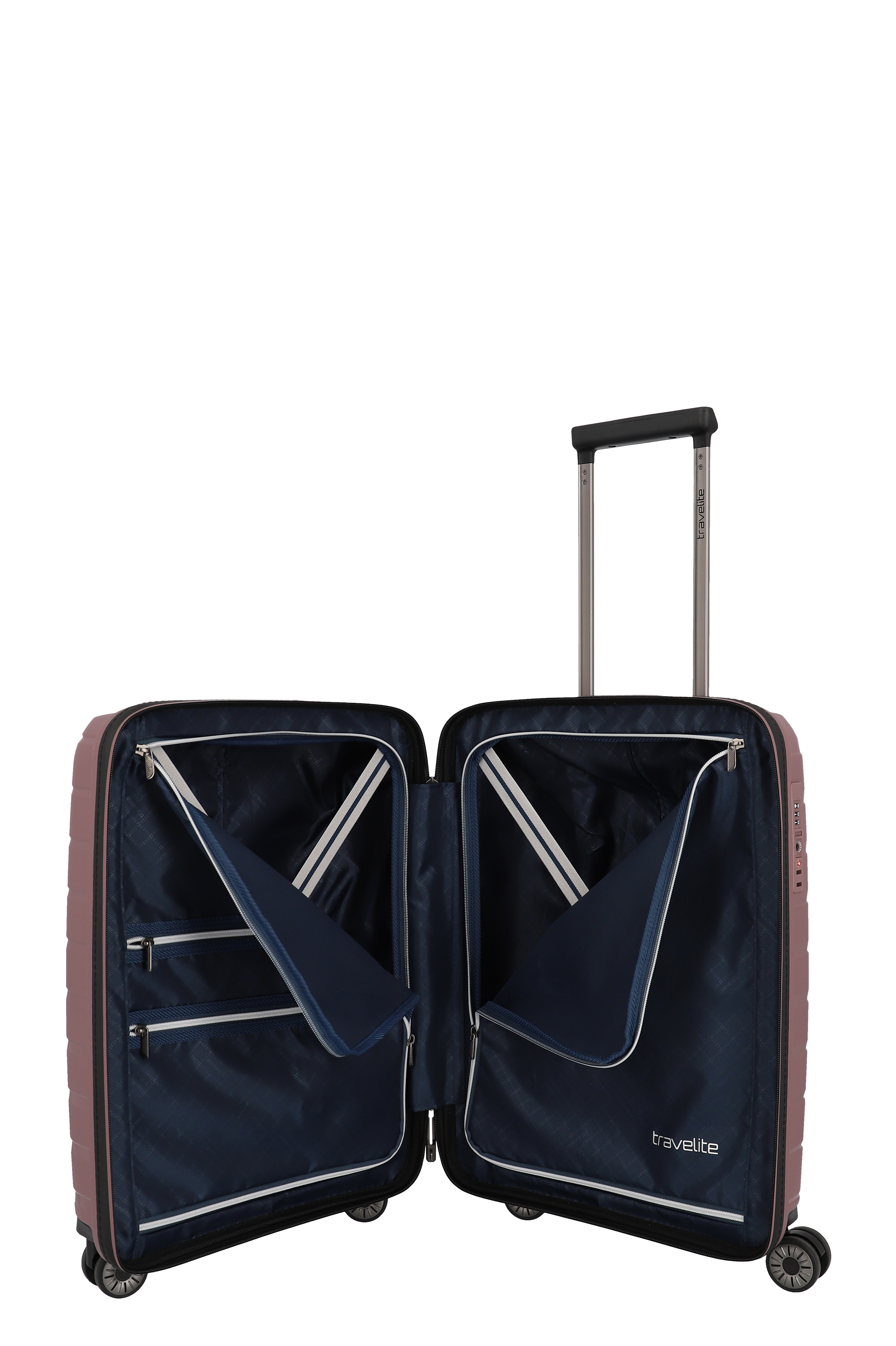 Geöffneter Hartschalen-Trolley mit vier Rollen und praktischem Innenleben von travelite