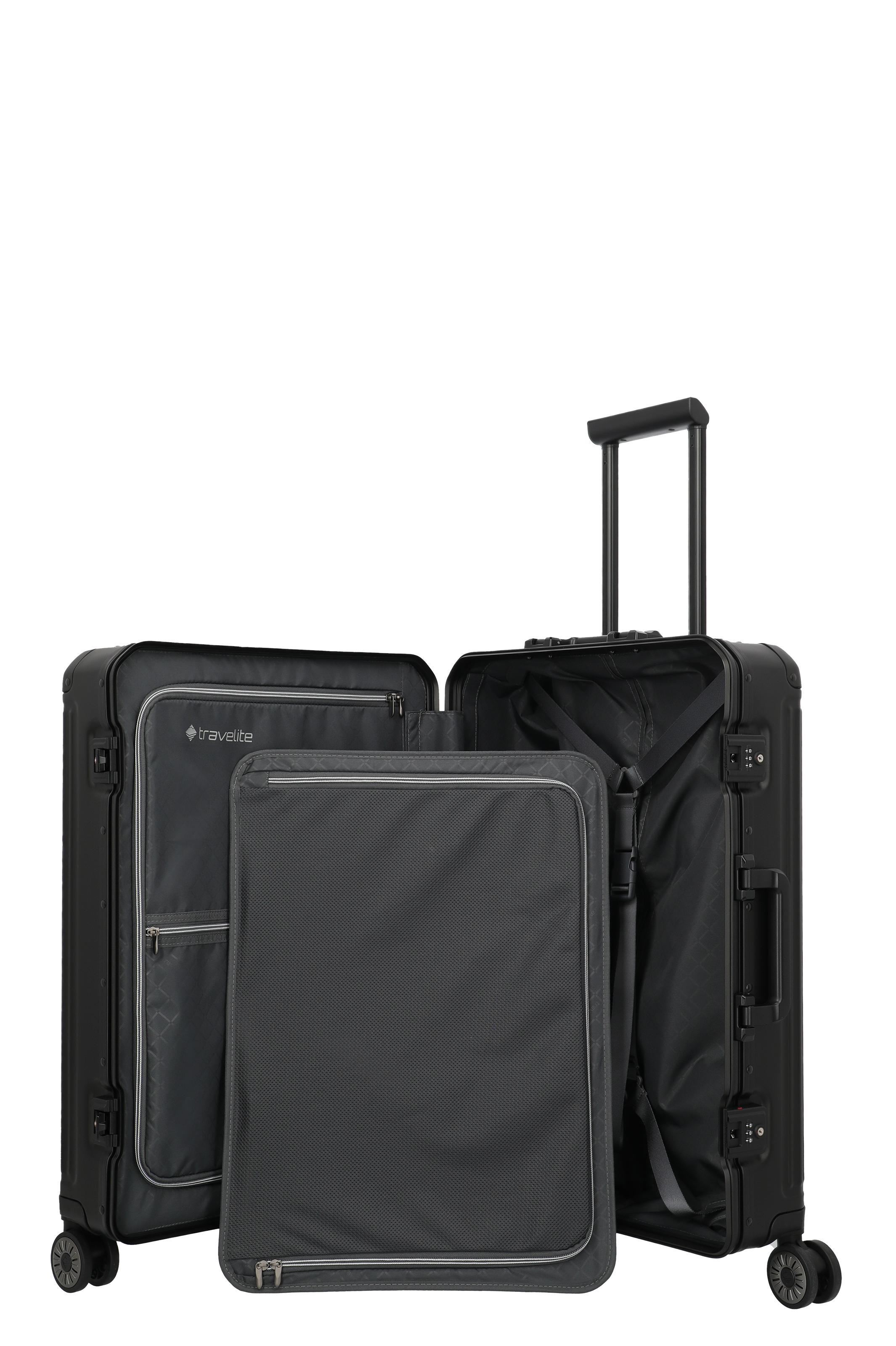 Travelite Hartschalenkoffer mit integriertem Trennfach und ausziehbarem Teleskopgriff in Schwarz