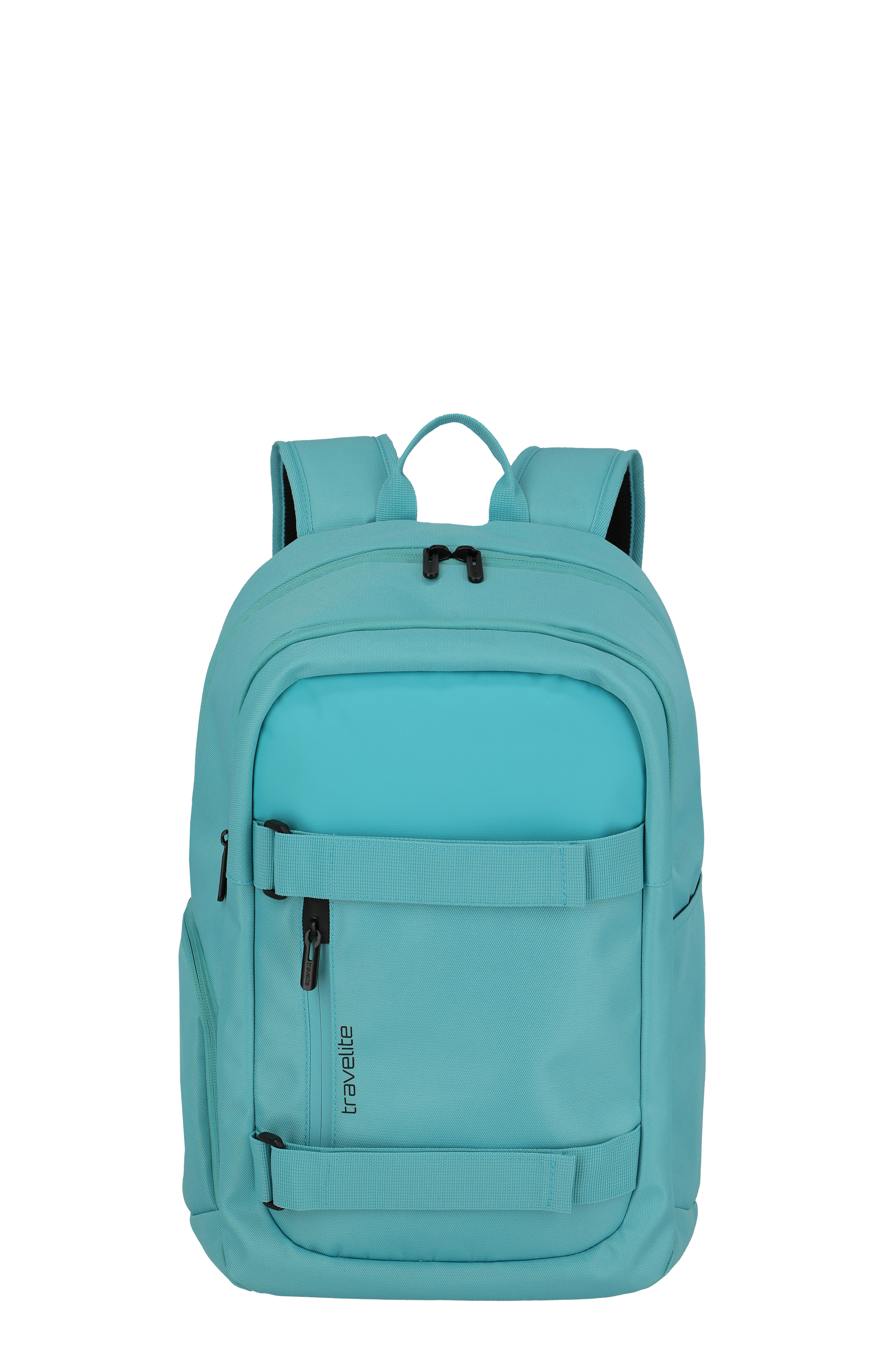 Sac à dos turquoise clair de Travelite avec poignée de transport, compartiment principal zippé, deux bretelles réglables et petite poche zippée avec deux sangles à l'avant. Sur le côté, il y a une autre poche.