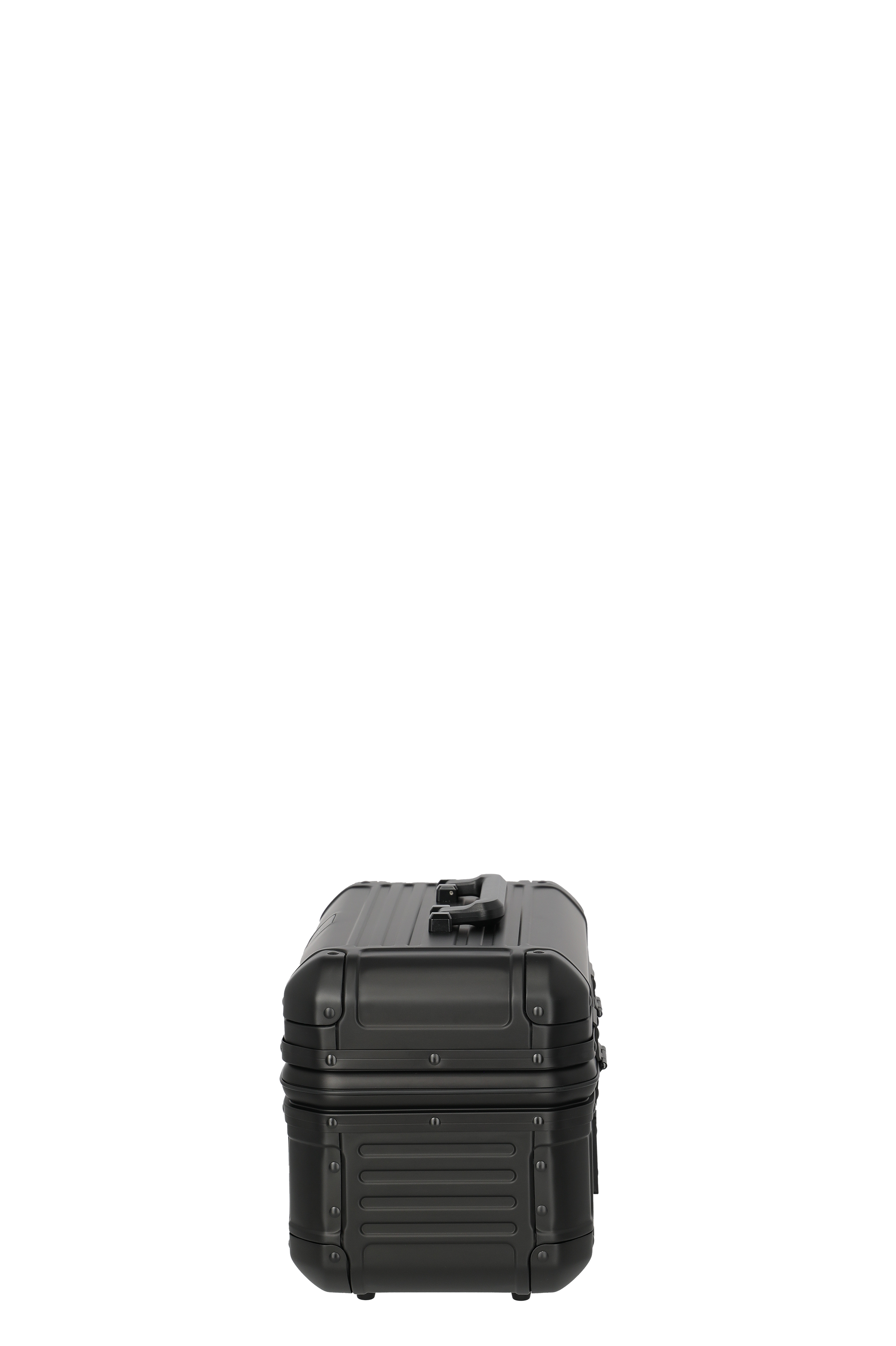 Schwarzer Hartschalenkoffer mit Griff, seitliche Ansicht, robustes Design für sicheres Reisen