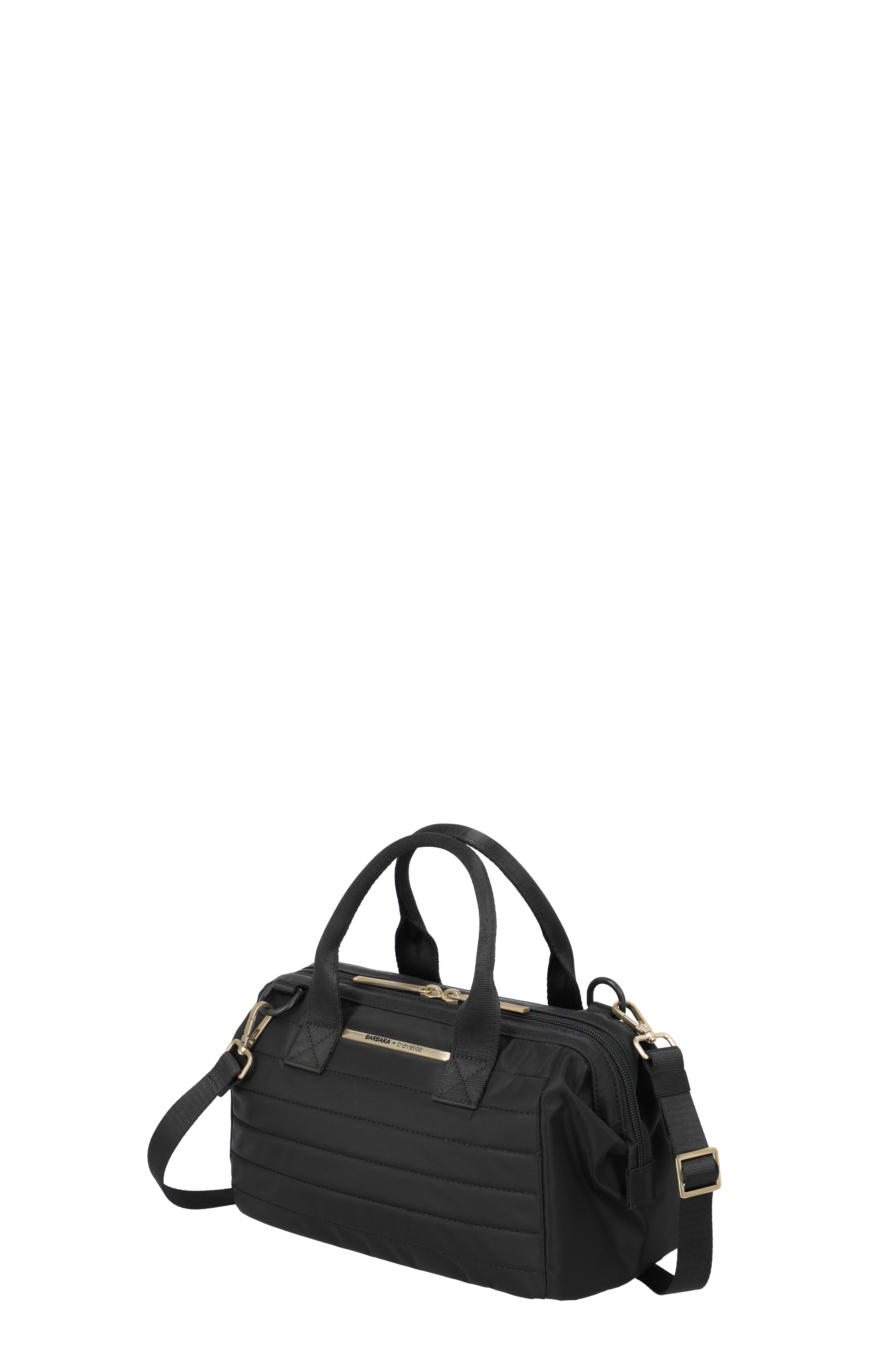 Schwarze Damen-Handtasche mit abnehmbarem Schulterriemen und goldfarbenen Details
