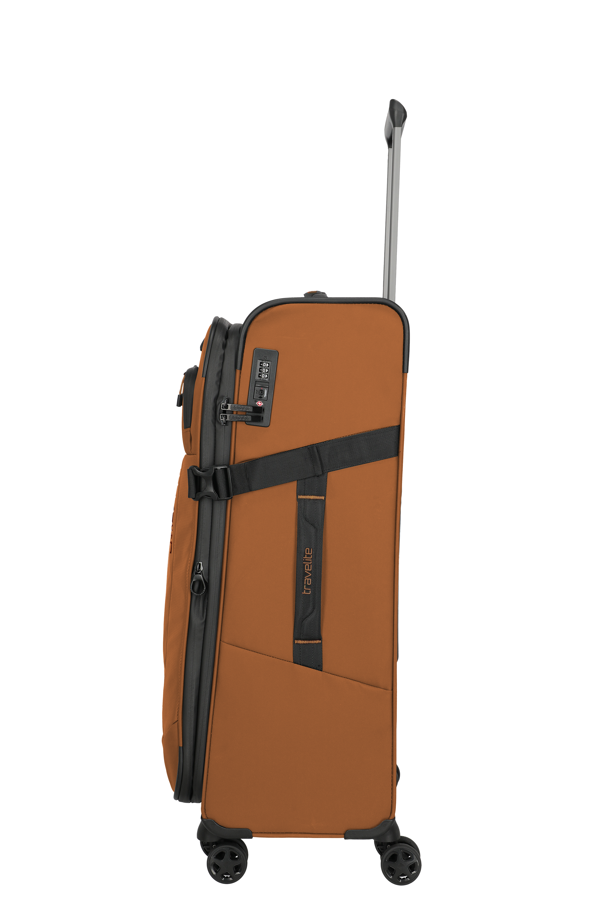 Brauner Reisetrolley mit Zahlenschloss und vier Rollen – seitliche Ansicht