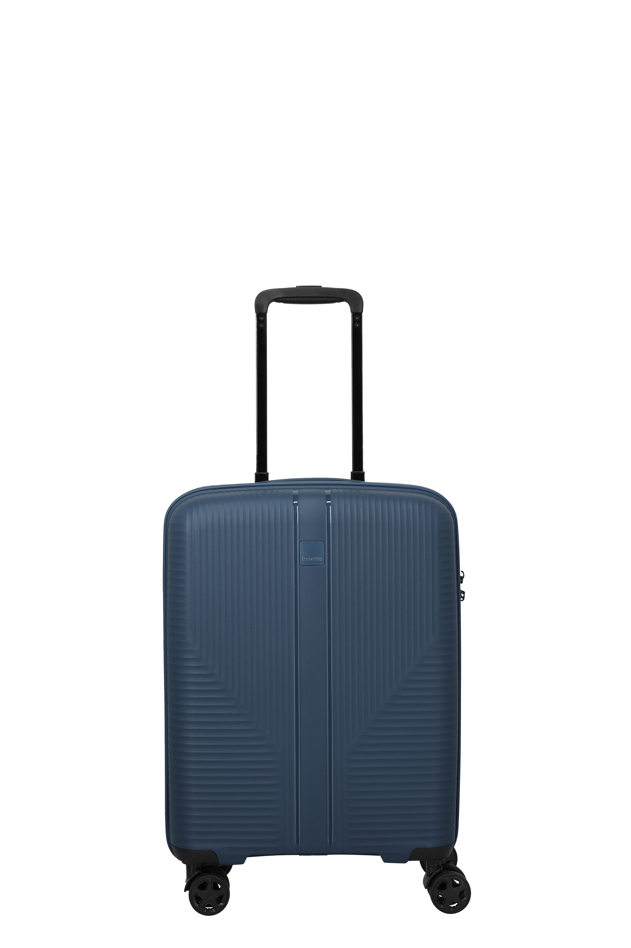 Blauer TRAVELITE Koffer (Größe S) steht aufrecht. Der Koffer hat einen Teleskopgriff, der ausgezogen ist. Die Oberfläche ist gerippt, mit vertikalen und diagonalen Linien. Der Koffer hat vier schwarze Rollen.