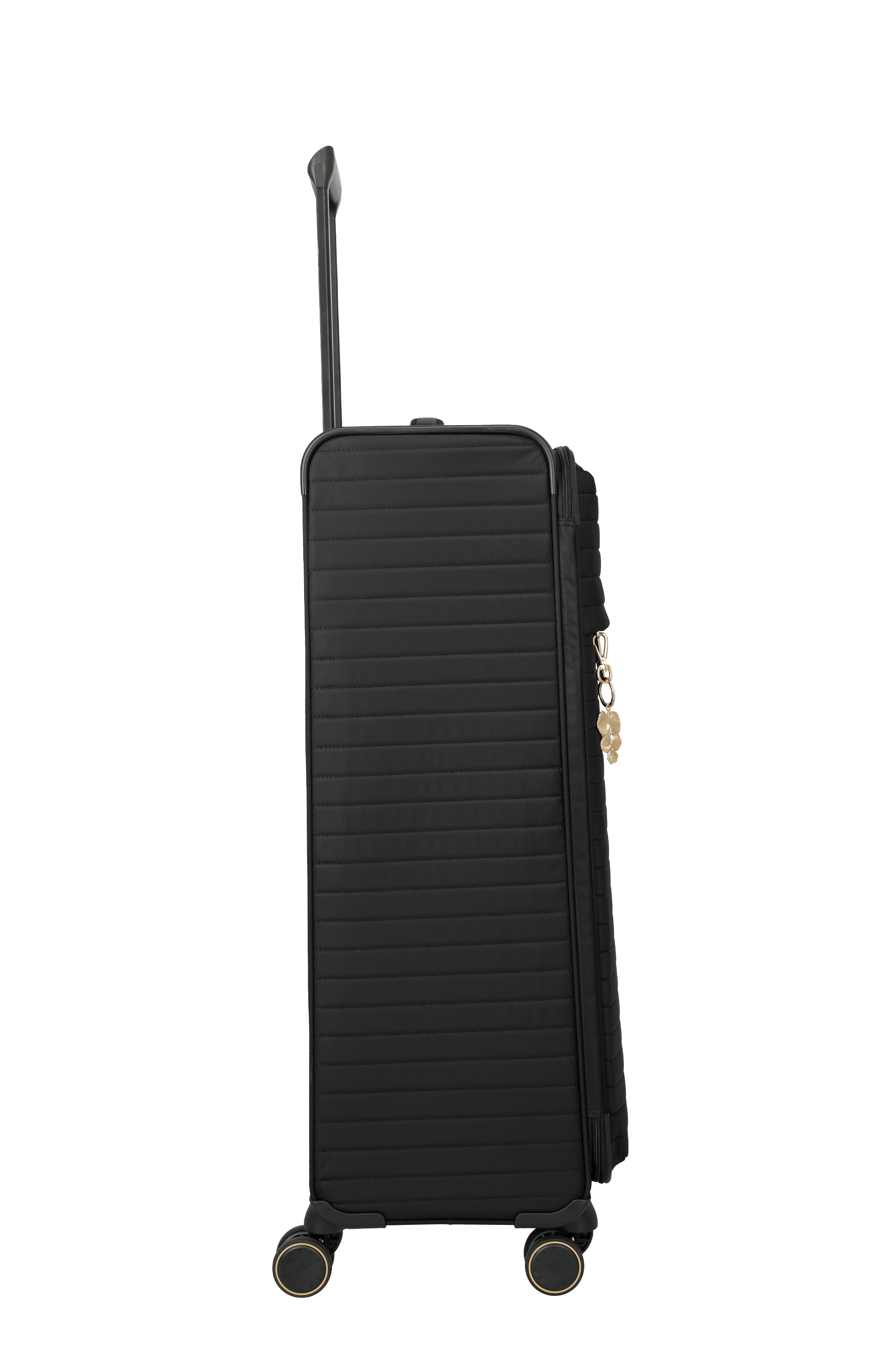 Schwarzer Hartschalenkoffer mit Teleskopgriff und vier Rollen – Seitenansicht