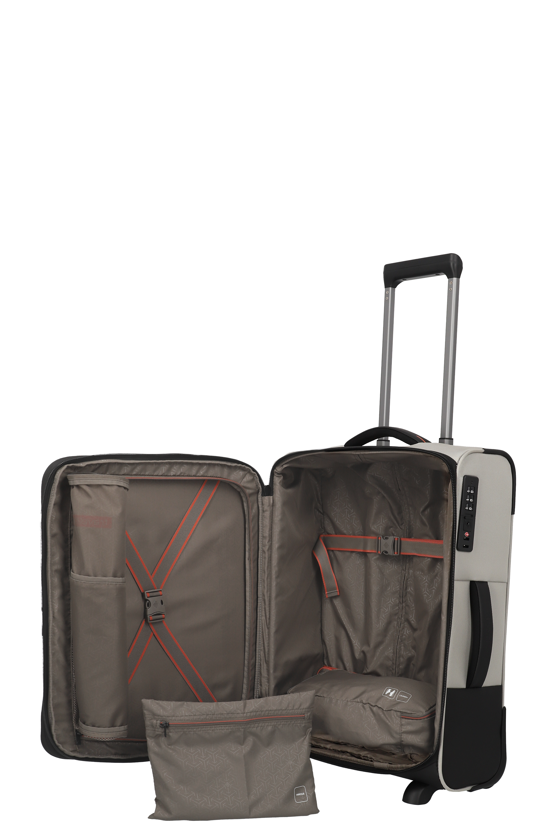 Moderner Hartschalen-Trolley mit offenem Innenraum und Organizer-Tasche, ideal für Reisen