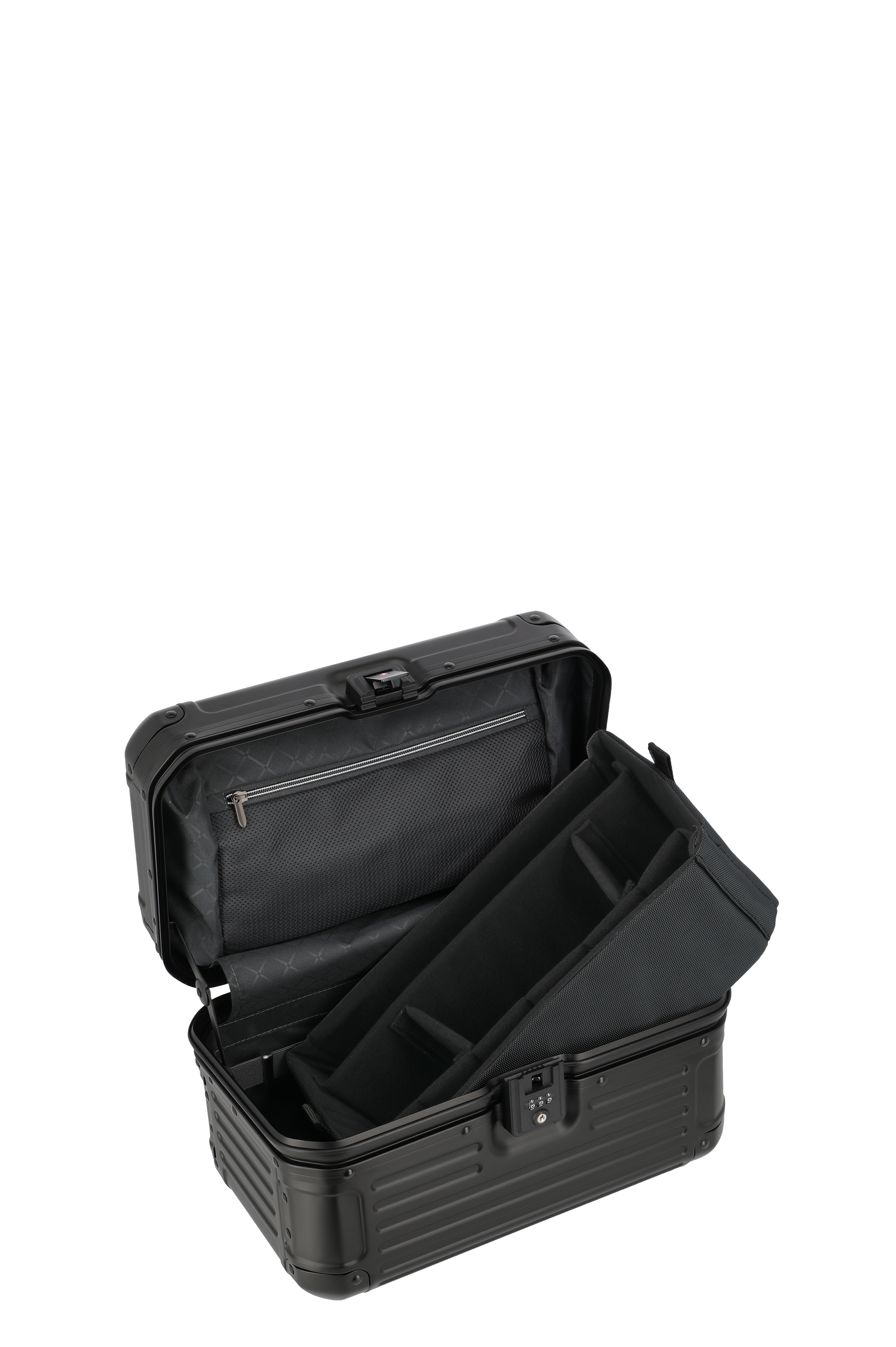 Robuster schwarzer Hartschalenkoffer mit offener Deckelansicht und variabler Inneneinteilung