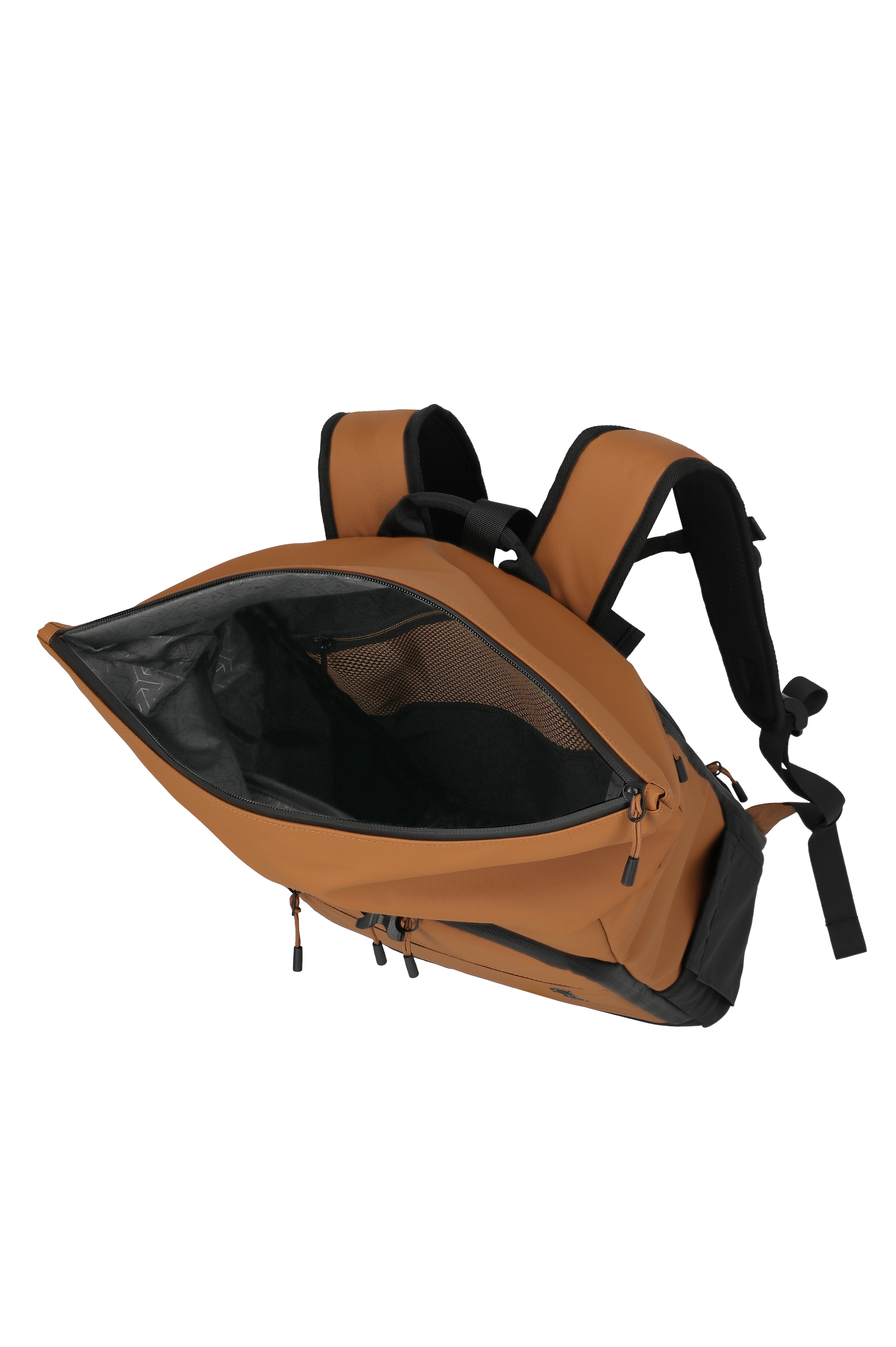Brauner moderner Rucksack mit geöffnetem Hauptfach und bequemen Schultergurten