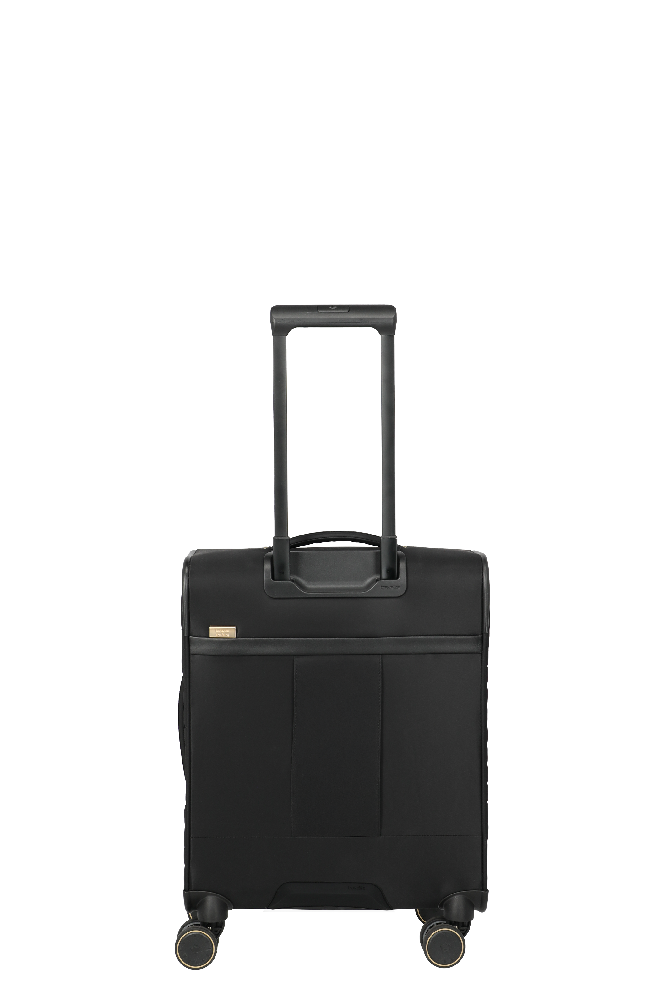 Schwarzer Trolley-Koffer mit Teleskopgriff und vier Rollen – Rückansicht