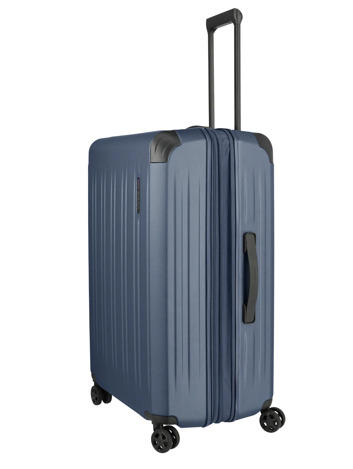 Großer blauer Hartschalenkoffer mit vier Rollen und Teleskopgriff für Reisen