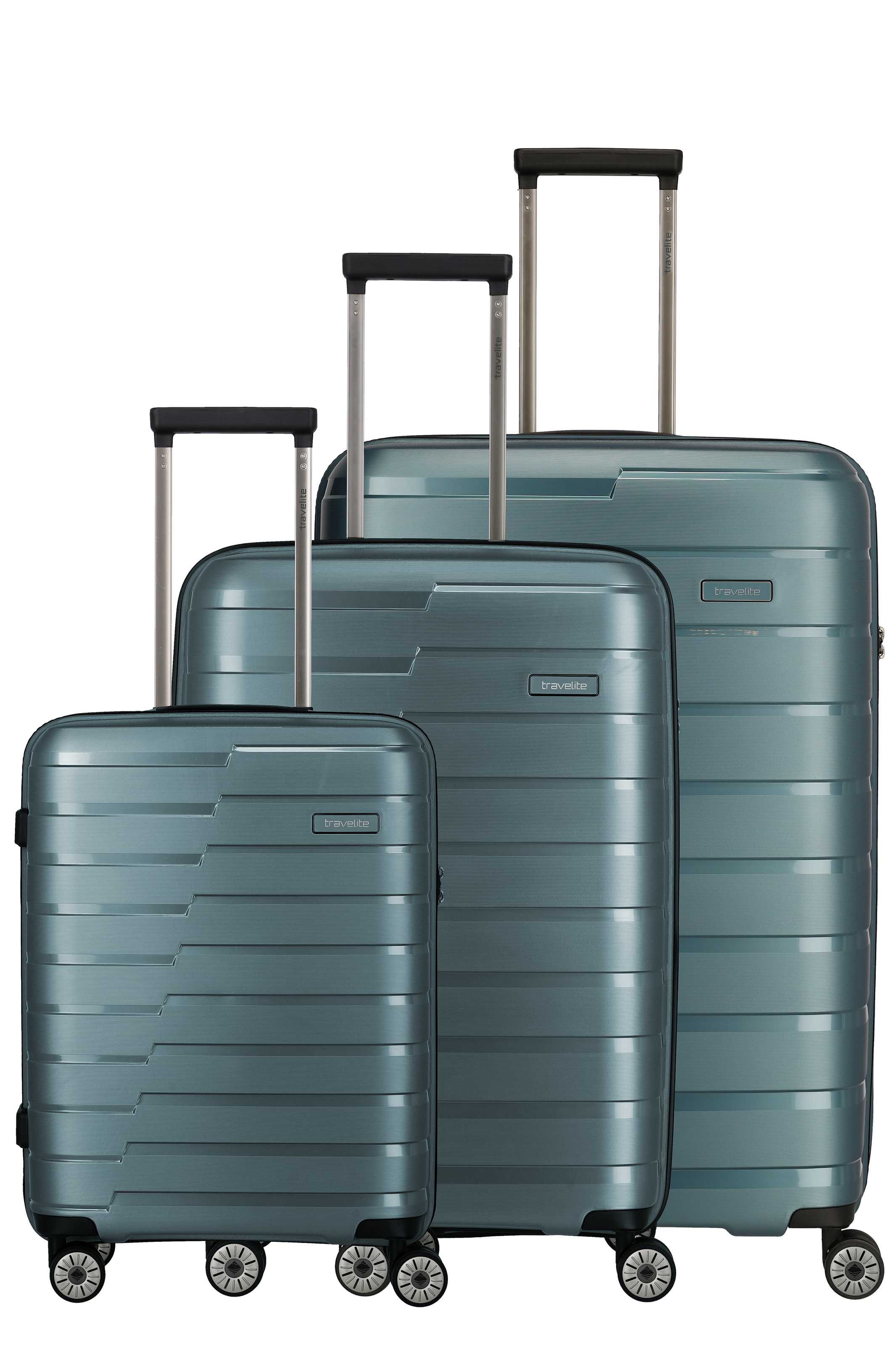 Travelite Koffer-Set in Blau – 3-teiliges Hartschalen-Trolley-Set mit 4 Rollen und Teleskopgriff Dreiteiliges Koffer-Set von Travelite aus robustem Hartschalenmaterial in Blau, mit vier Rollen und Teleskopgriffen in verschiedenen Größen