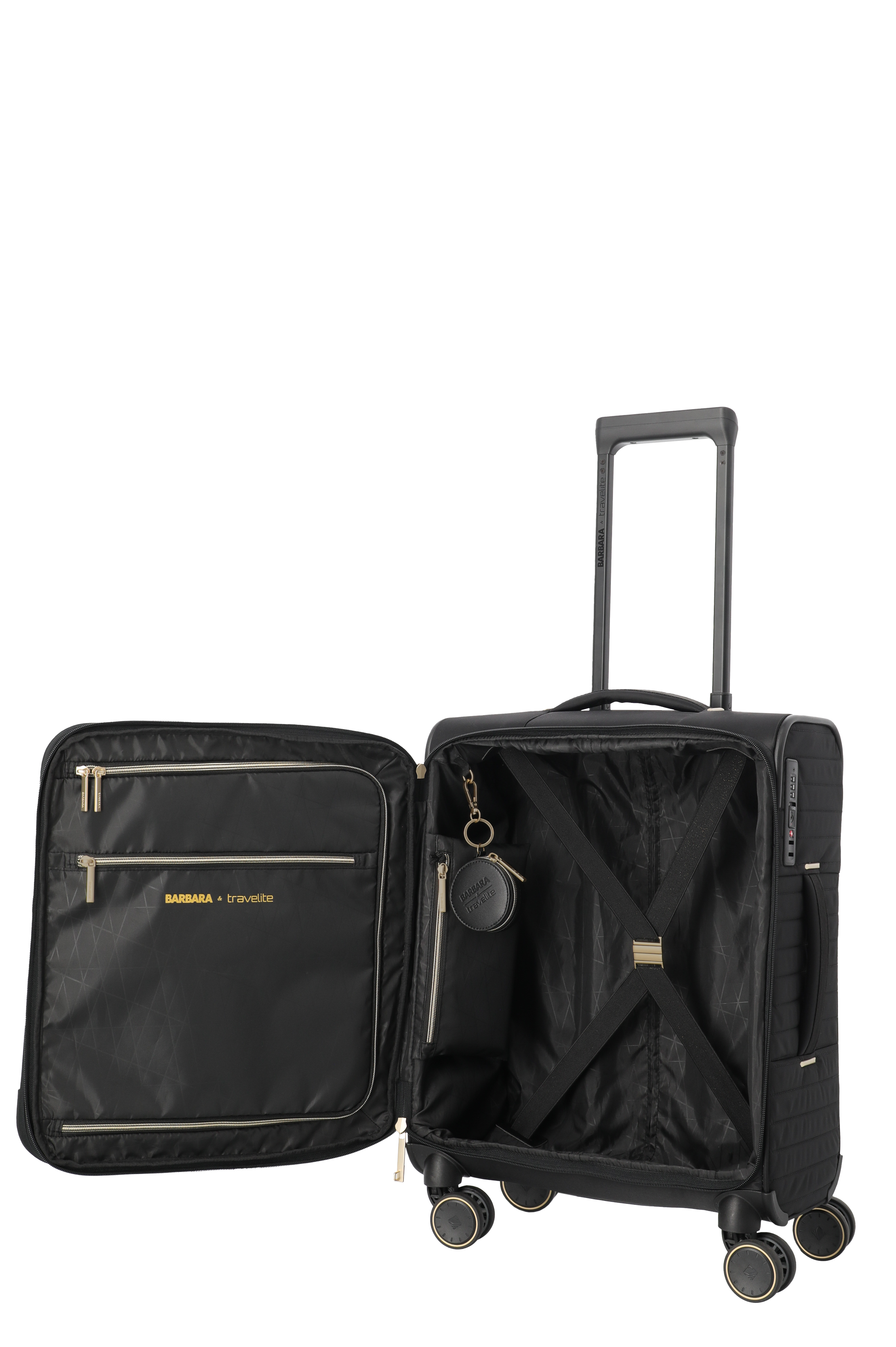 Schwarzer Trolley mit vier Rollen und offener Innenseite, Modell BARBARA by travelite