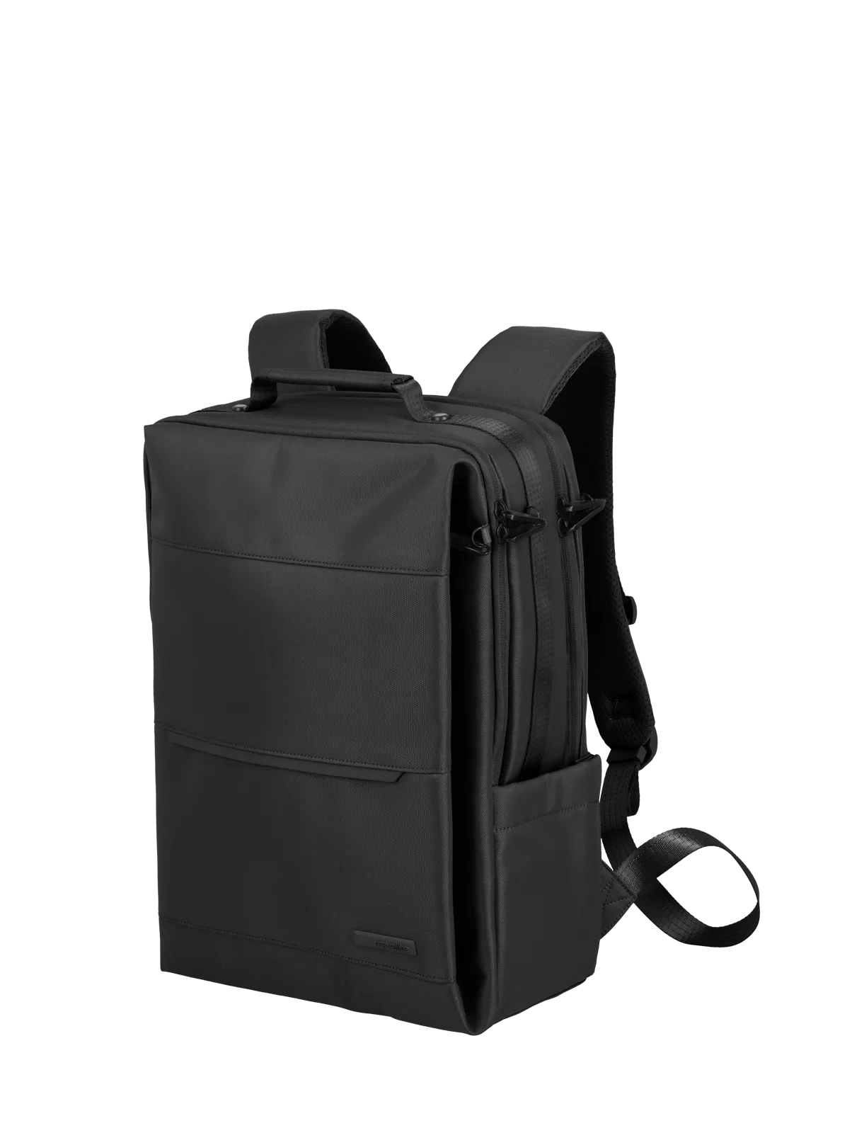 Schwarzer moderner Rucksack mit mehreren Fächern, praktischem Design und gepolsterten Schultergurten
