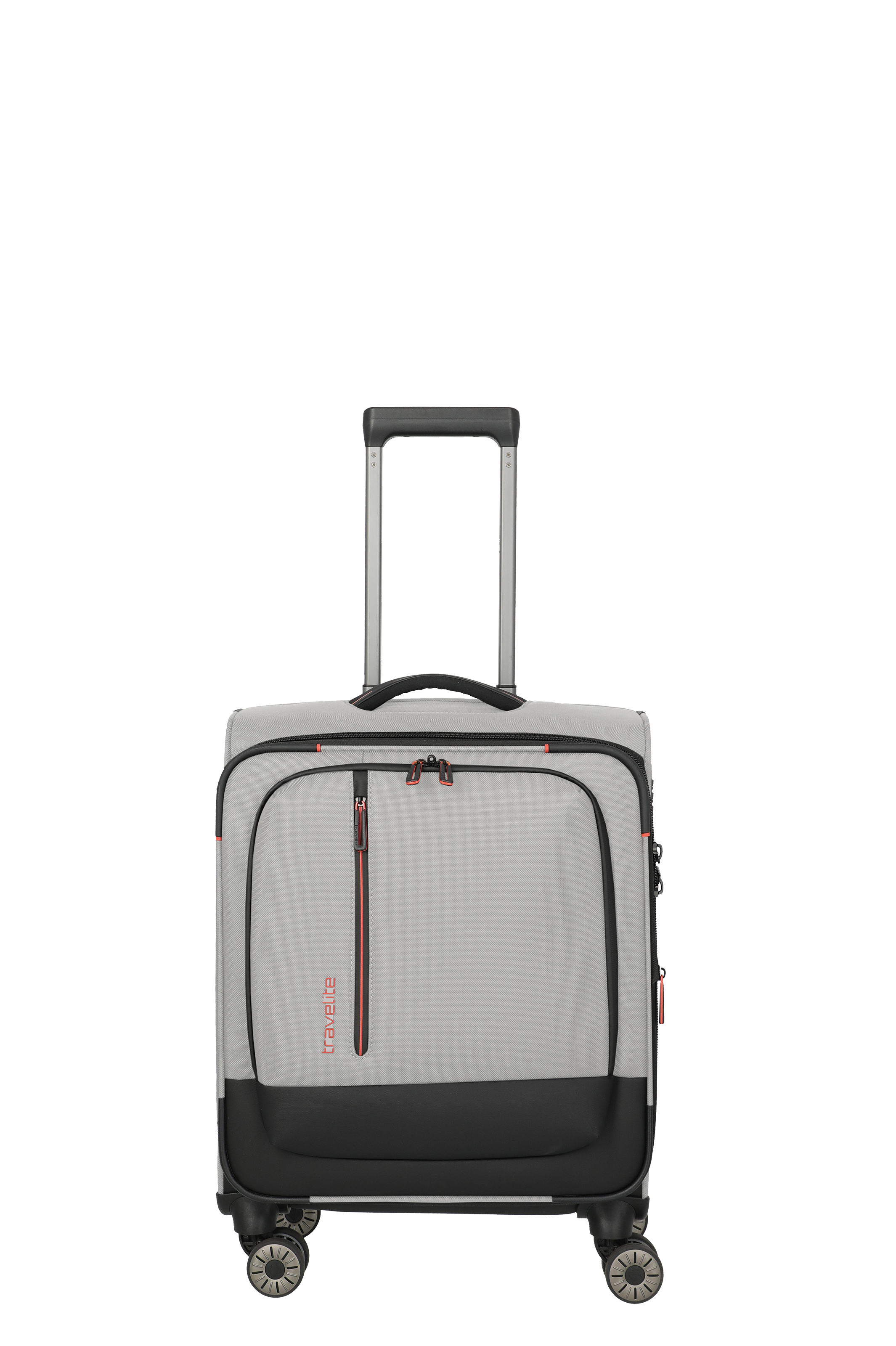 Grauer Travelite Handgepäck Trolley mit vier Doppelrollen und Fronttasche, geeignet für Flugreisen