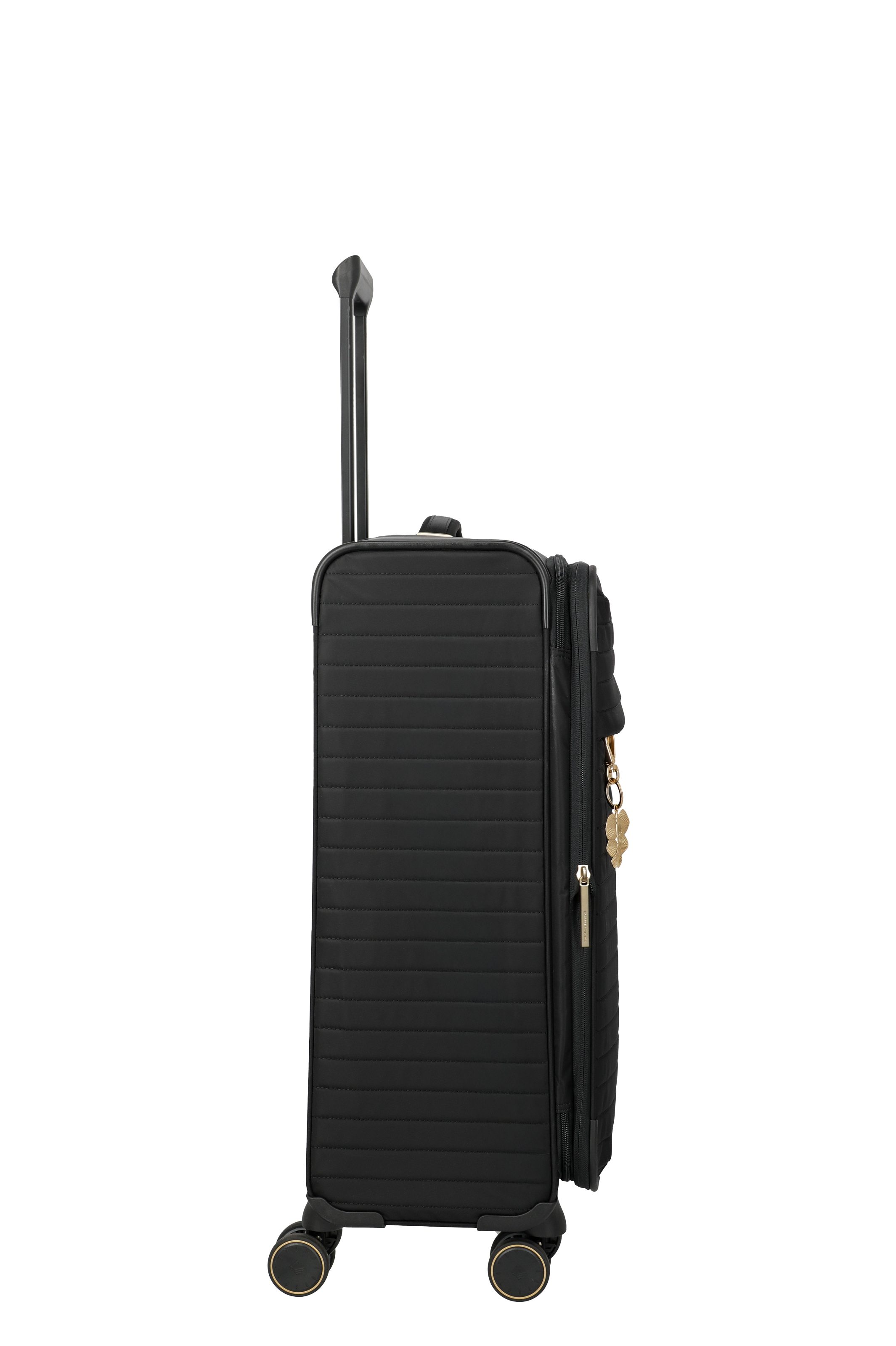 Schwarzer Trolley-Reisekoffer mit 4 Rollen und ausziehbarem Griff, Seitenansicht