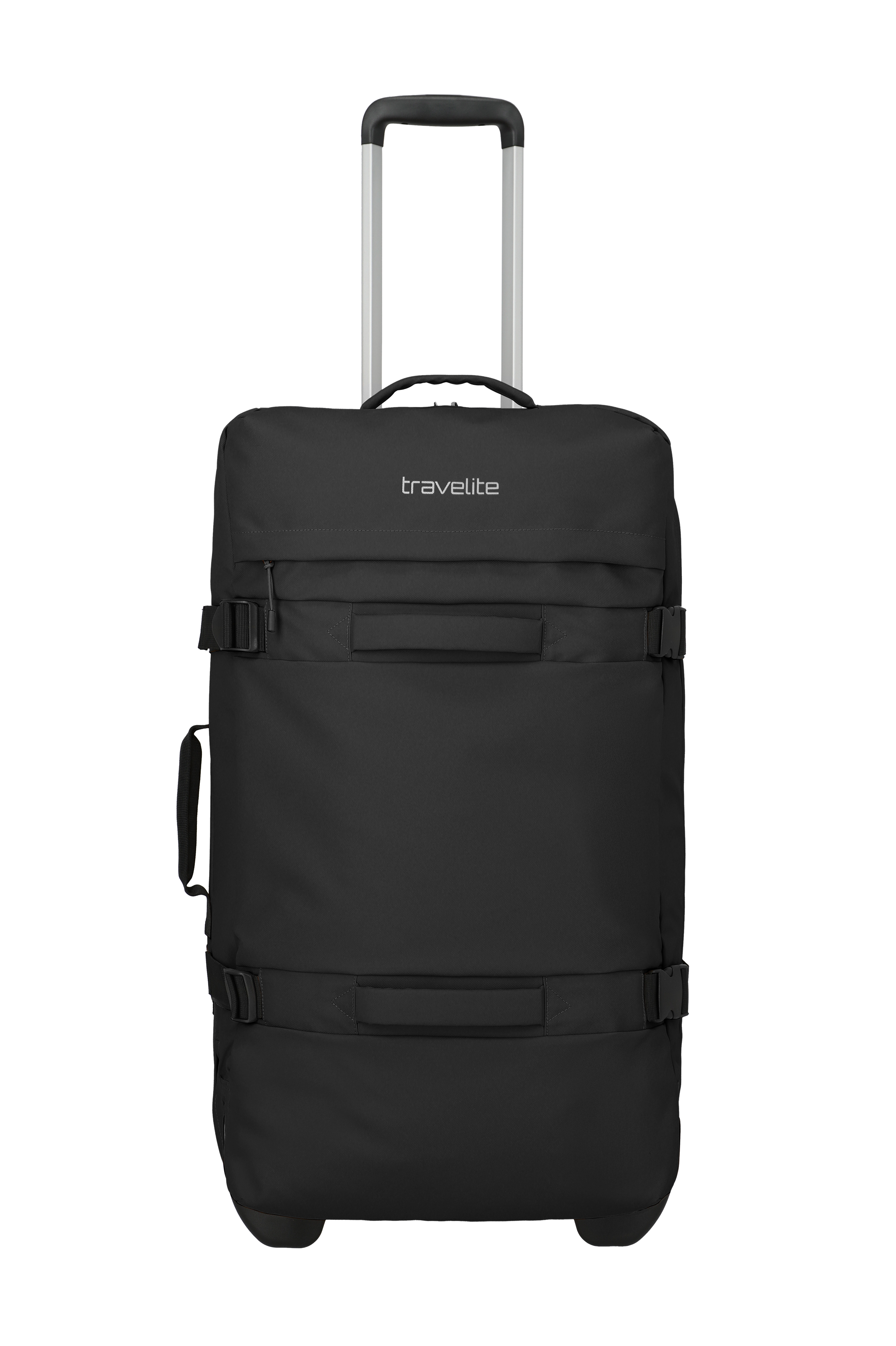 Maleta rectangular negra con asa extensible y ruedas, de pie. La maleta lleva la etiqueta "travelite". La maleta tiene correas de transporte y un bolsillo lateral. Se encuentra sobre un fondo negro.