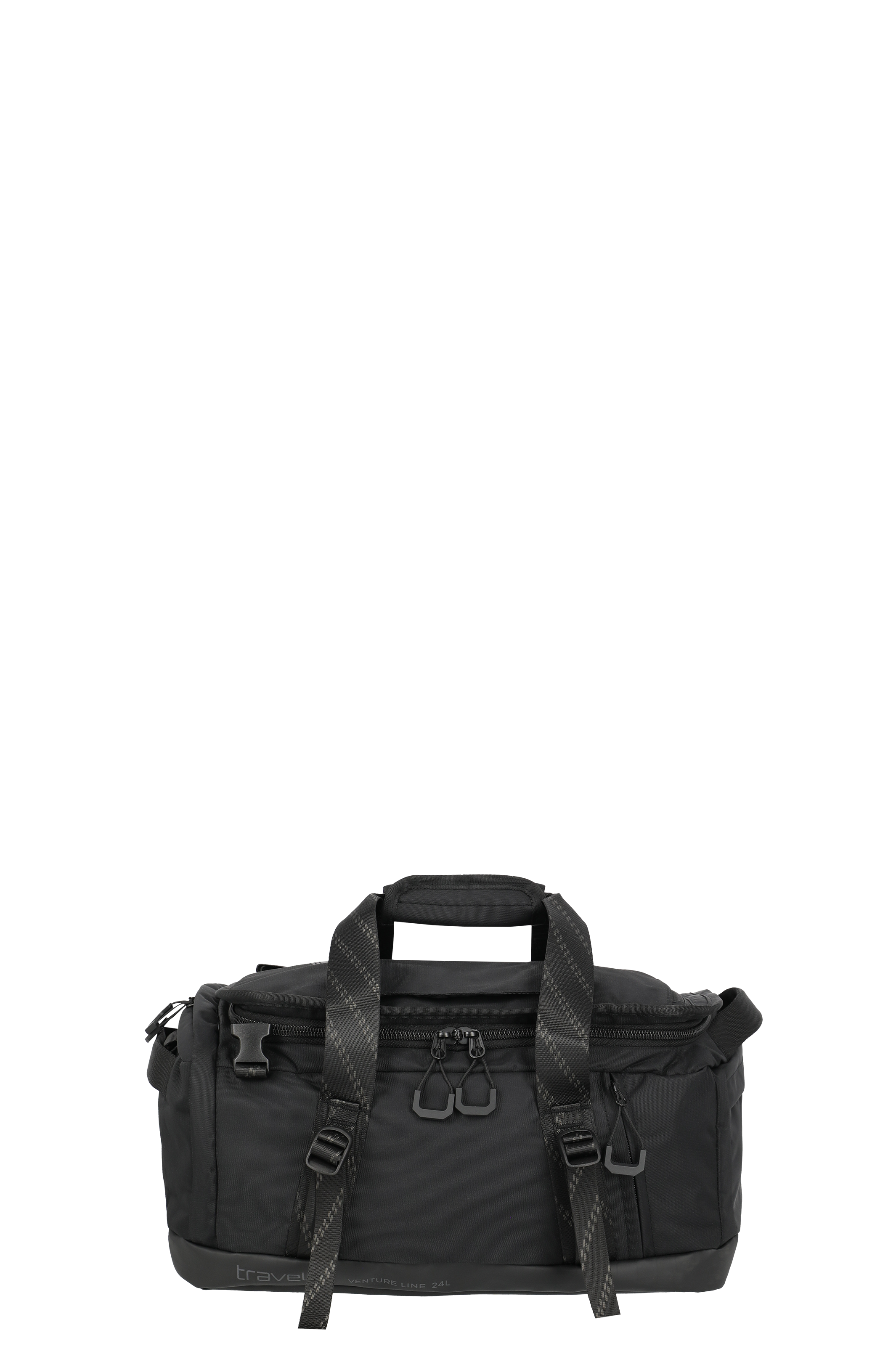 A black travelling bag against a black background. The bag has carrying handles and shoulder straps with a diamond pattern. Two zips and a compartment with the word "travel" are visible. "VENTURE LINE 24L" is written on the underside.