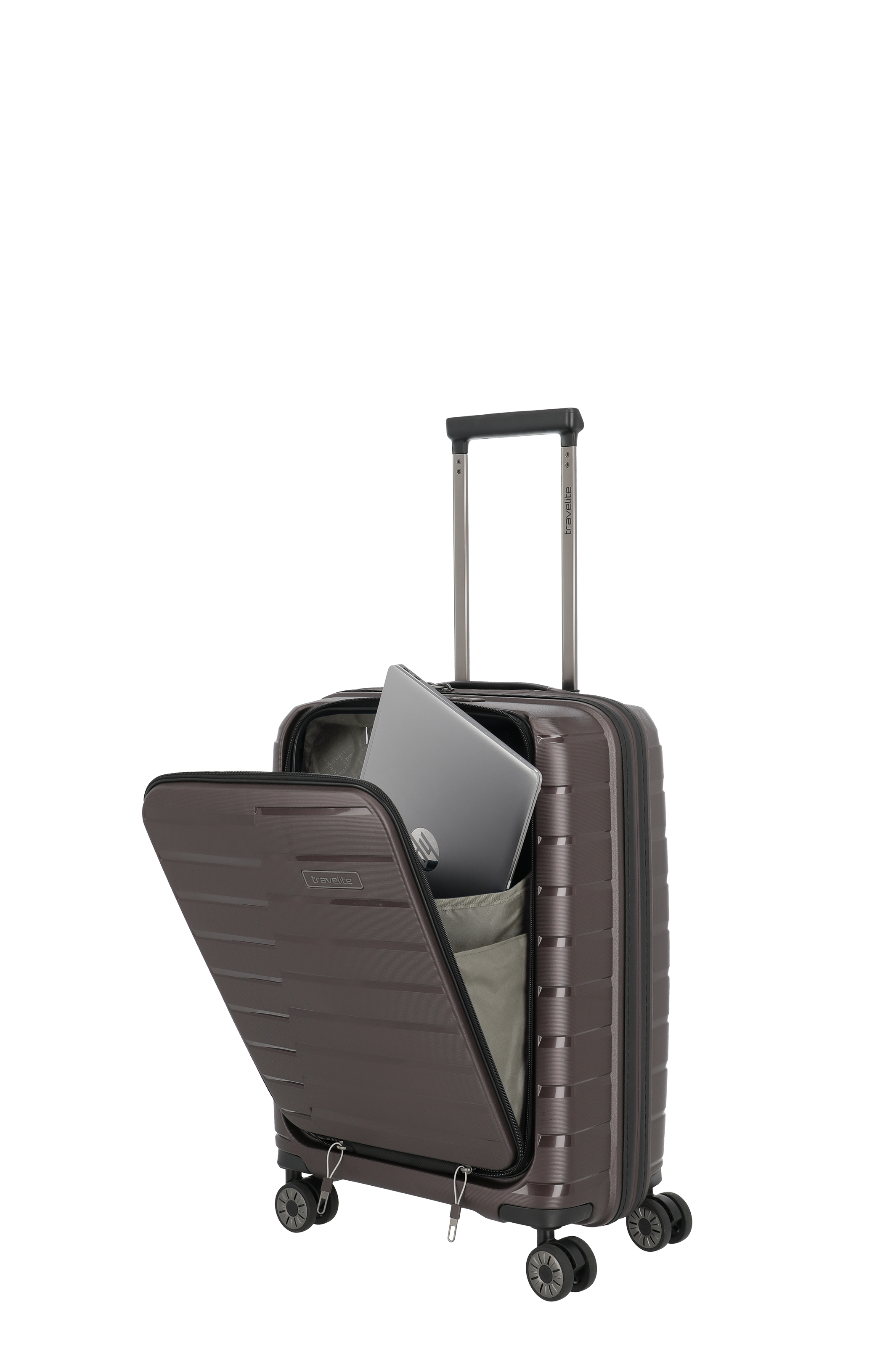 Handgepäck-Trolley in Braun mit integriertem Laptopfach, geöffnet, und ausziehbarem Teleskopgriff