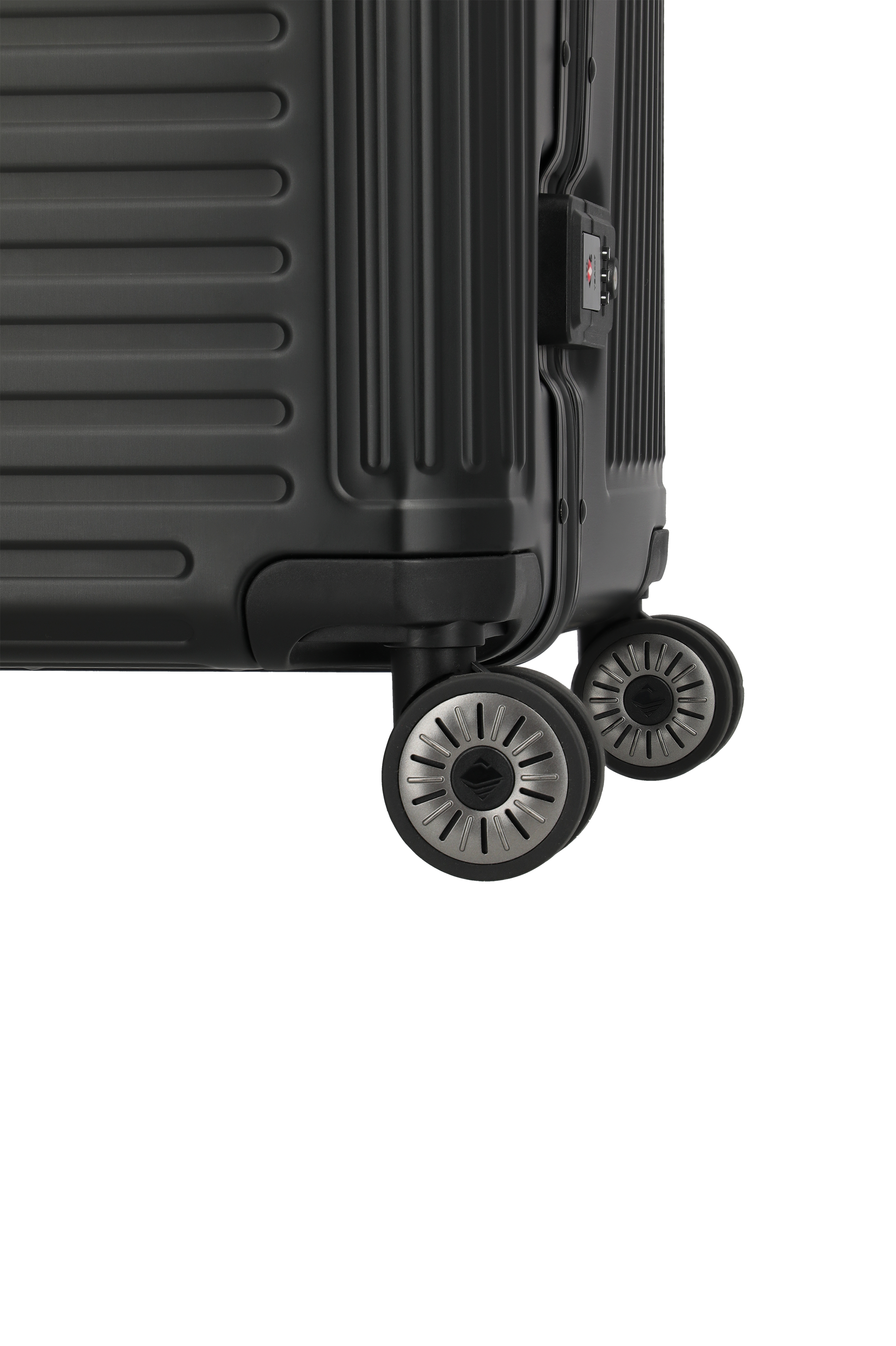 Detailansicht stabile Zwillingsrollen eines modernen schwarzen Hartschalenkoffers