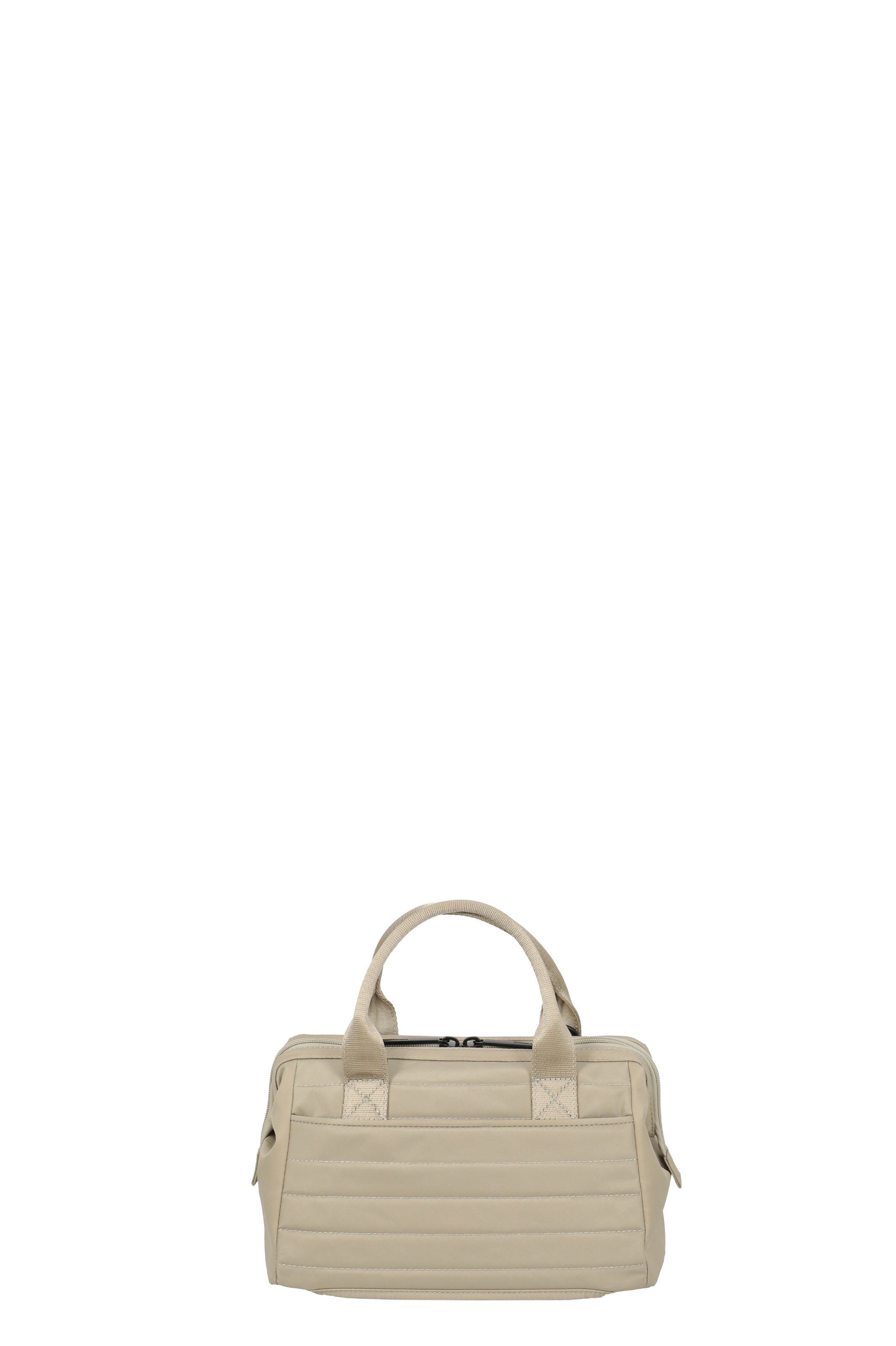 Kleine beige Handtasche aus Stoff mit Reißverschluss und Tragegriffen