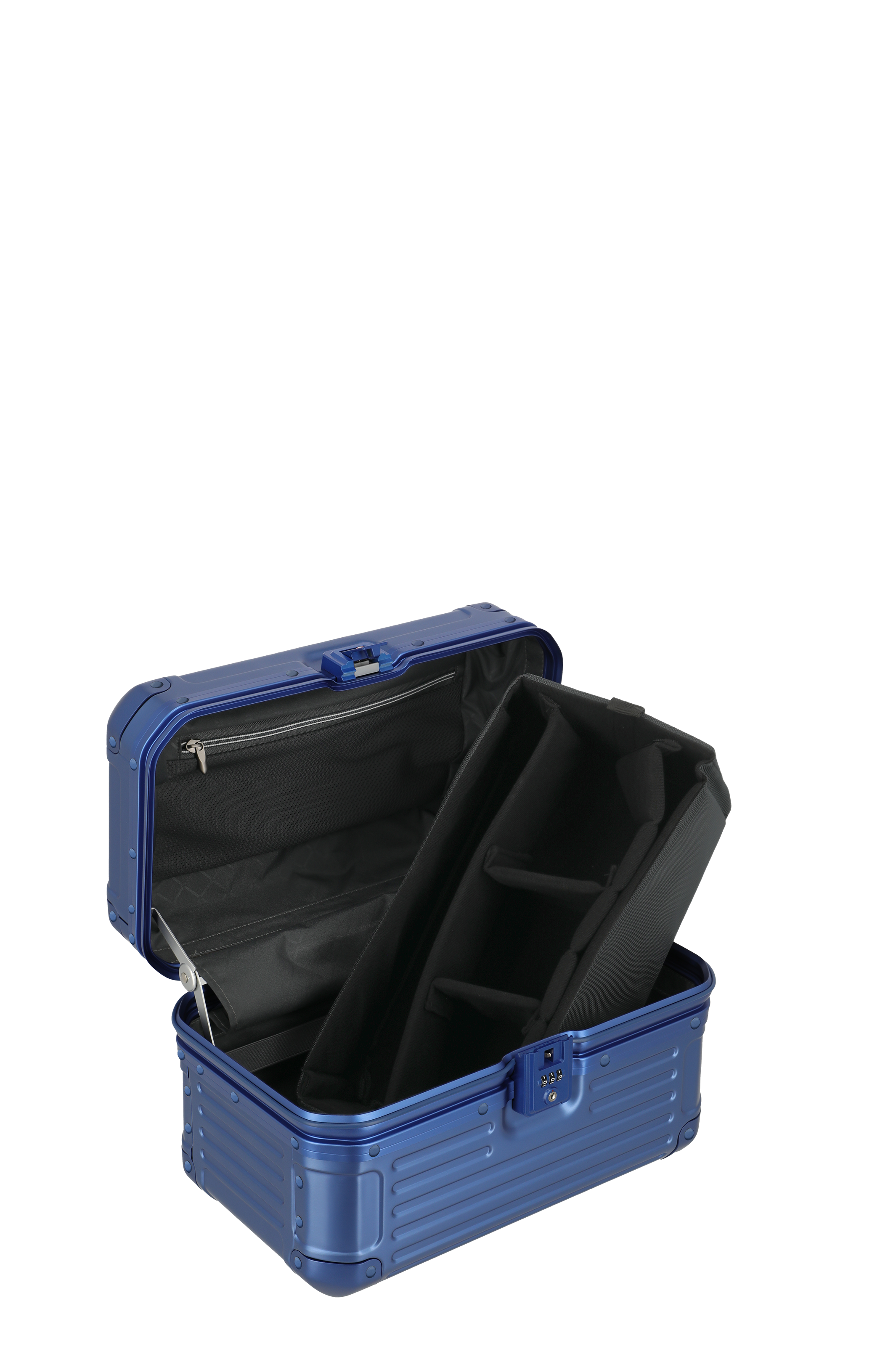 Blauer Hartschalenkoffer mit offenen Fächern und praktischer Inneneinteilung