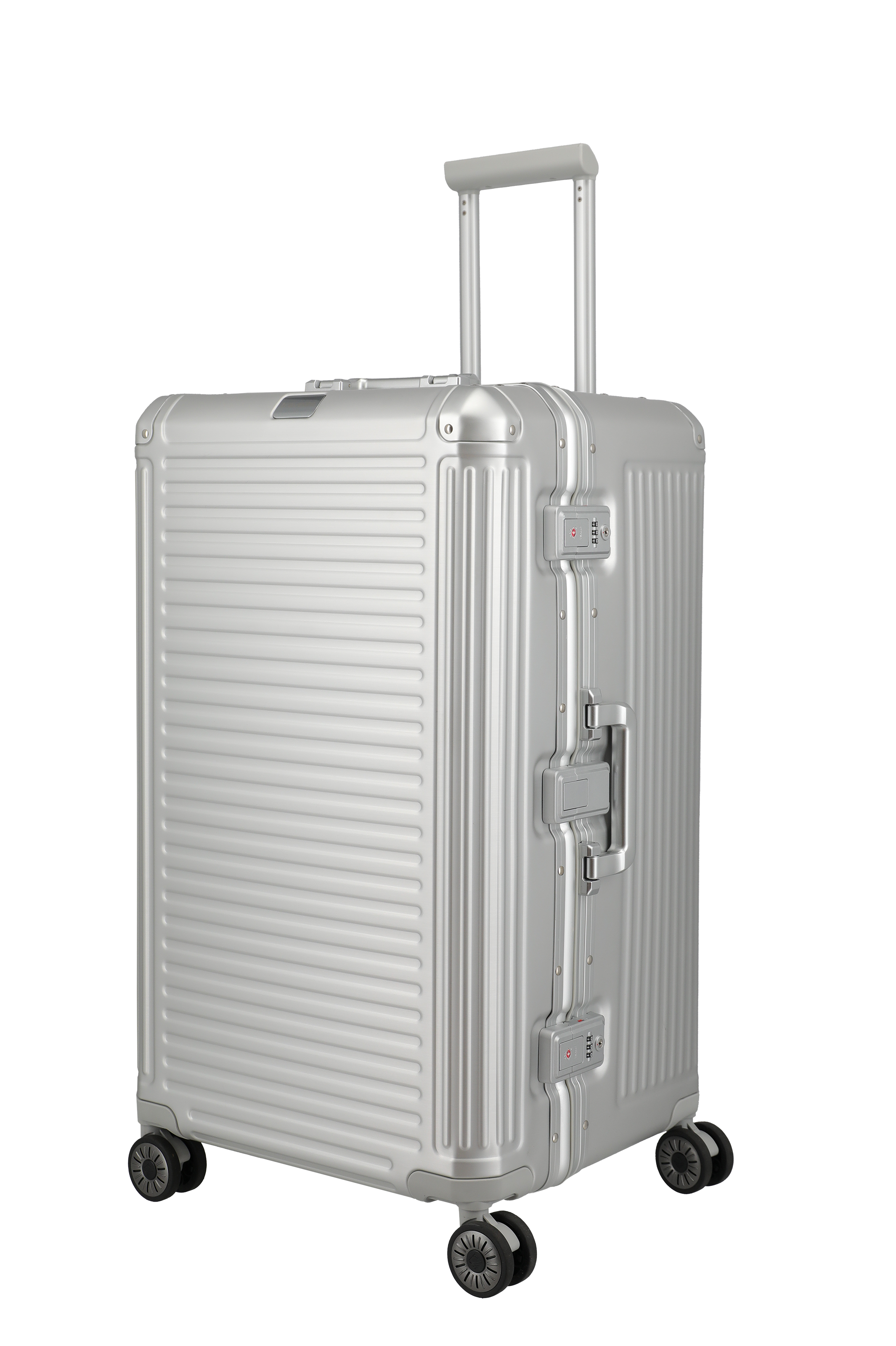 Hochwertiger silberner Hartschalenkoffer aus Aluminium mit vier Rollen und ausziehbarem Teleskopgriff