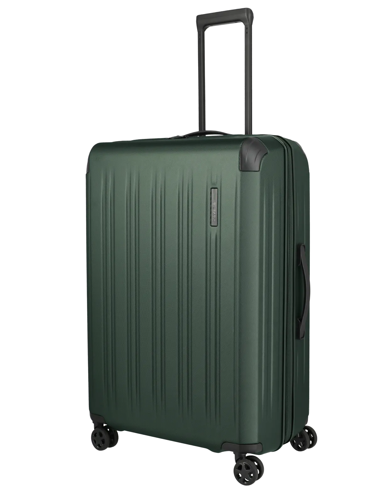 Großer, grüner Hartschalen-Trolley mit vier Rollen und Teleskopgriff