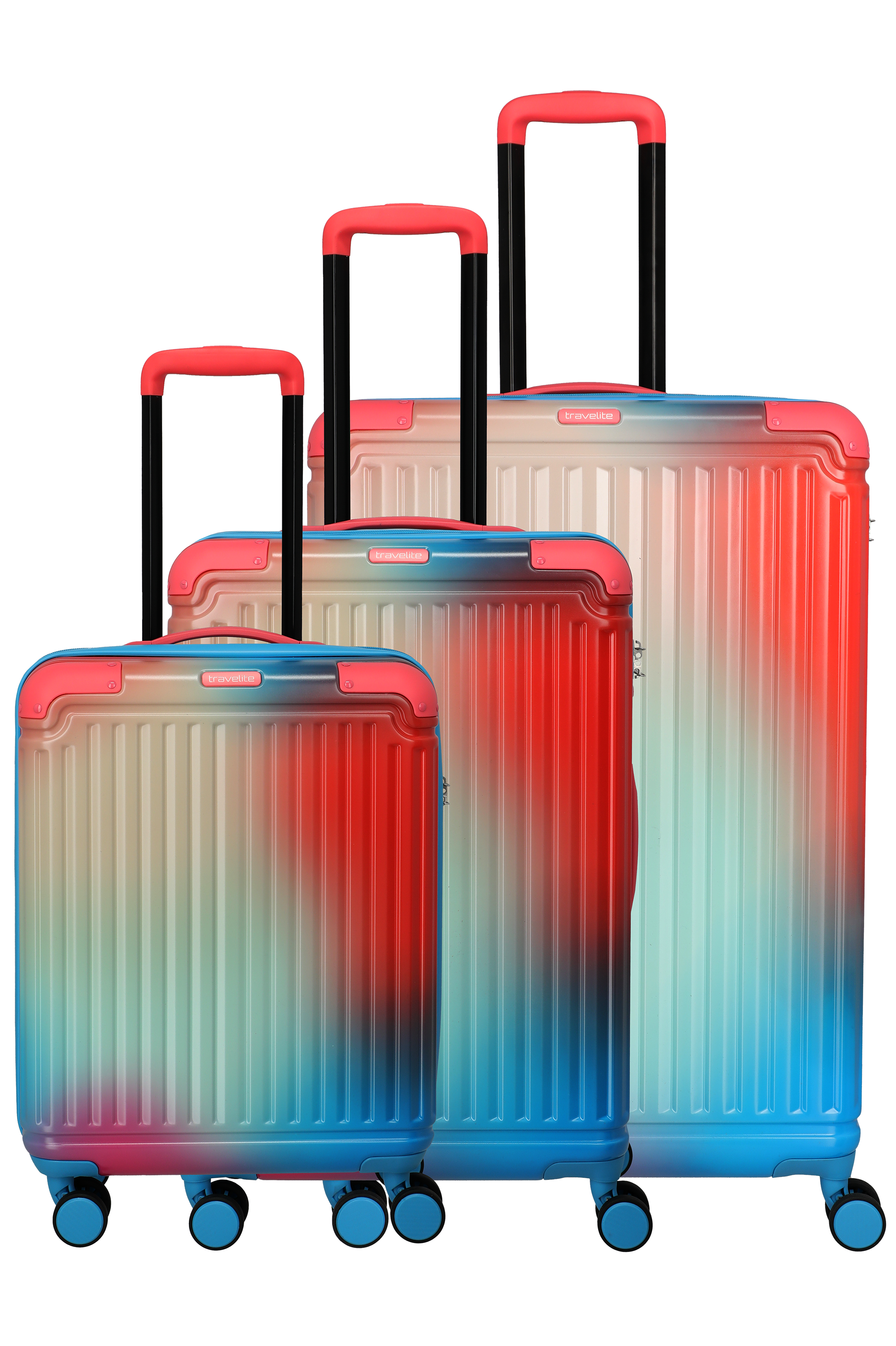 Three different sized Travelite trolleys against a black background: brightly striped with blue-white-red gradient. Handles, wheels and zips are pink. The trolleys stand next to each other, increasing in size from left to right.