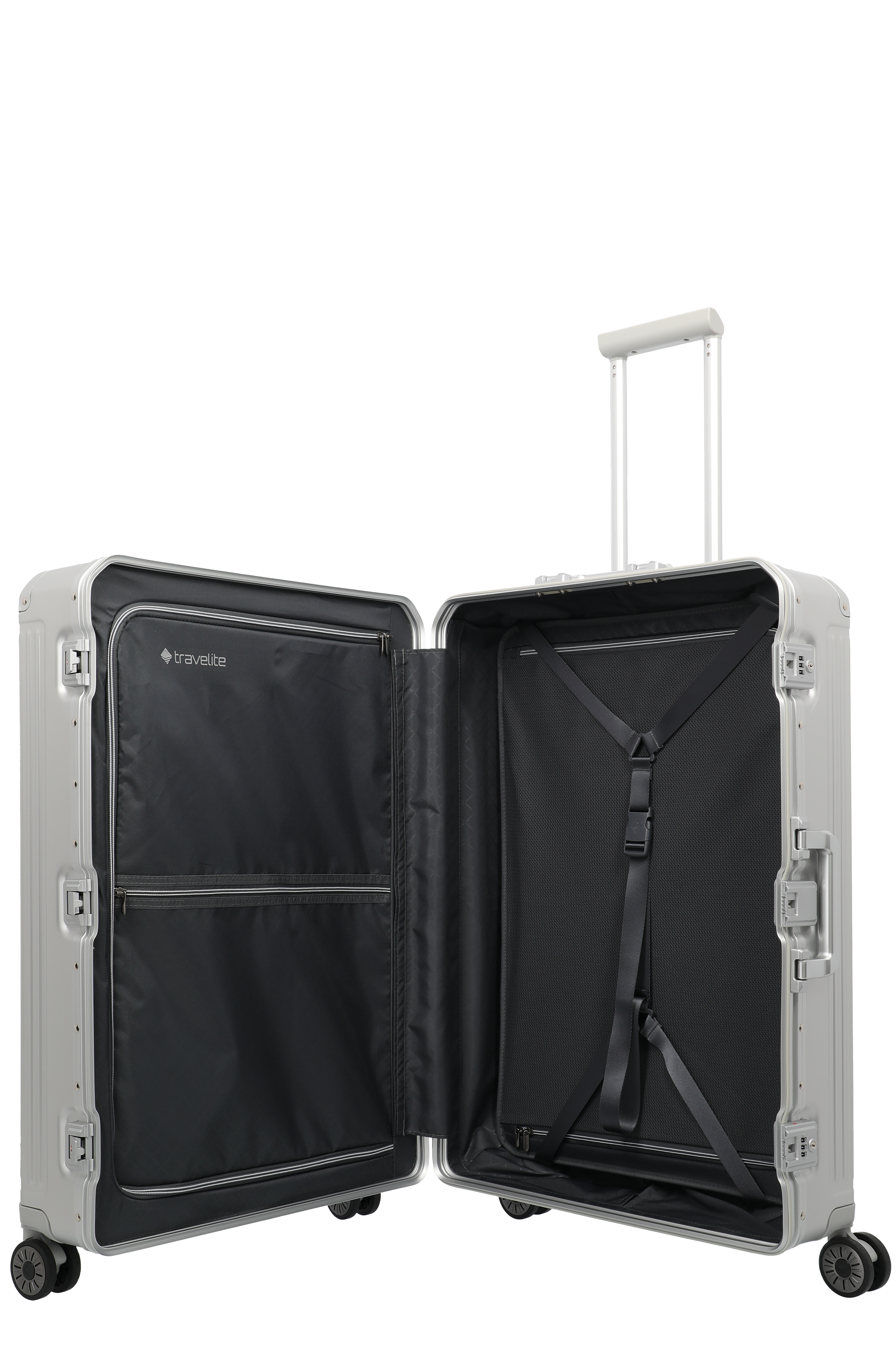 Geöffneter silberner Hartschalenkoffer mit Teleskopgriff und Innenfächern von Travelite