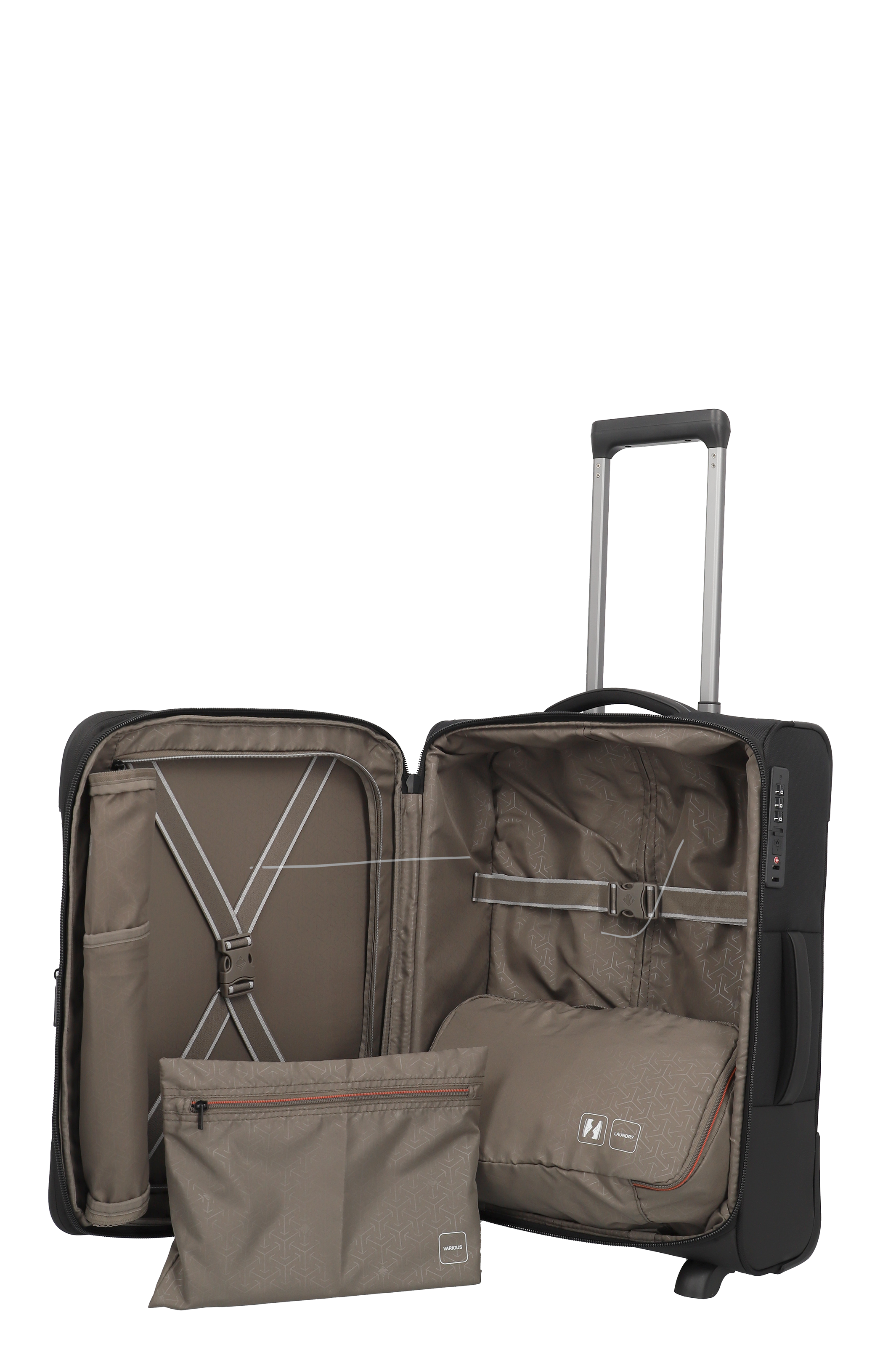 Geöffneter Hartschalen-Trolley mit praktischem Innenfach und Packtasche für optimal organisiertes Reisen