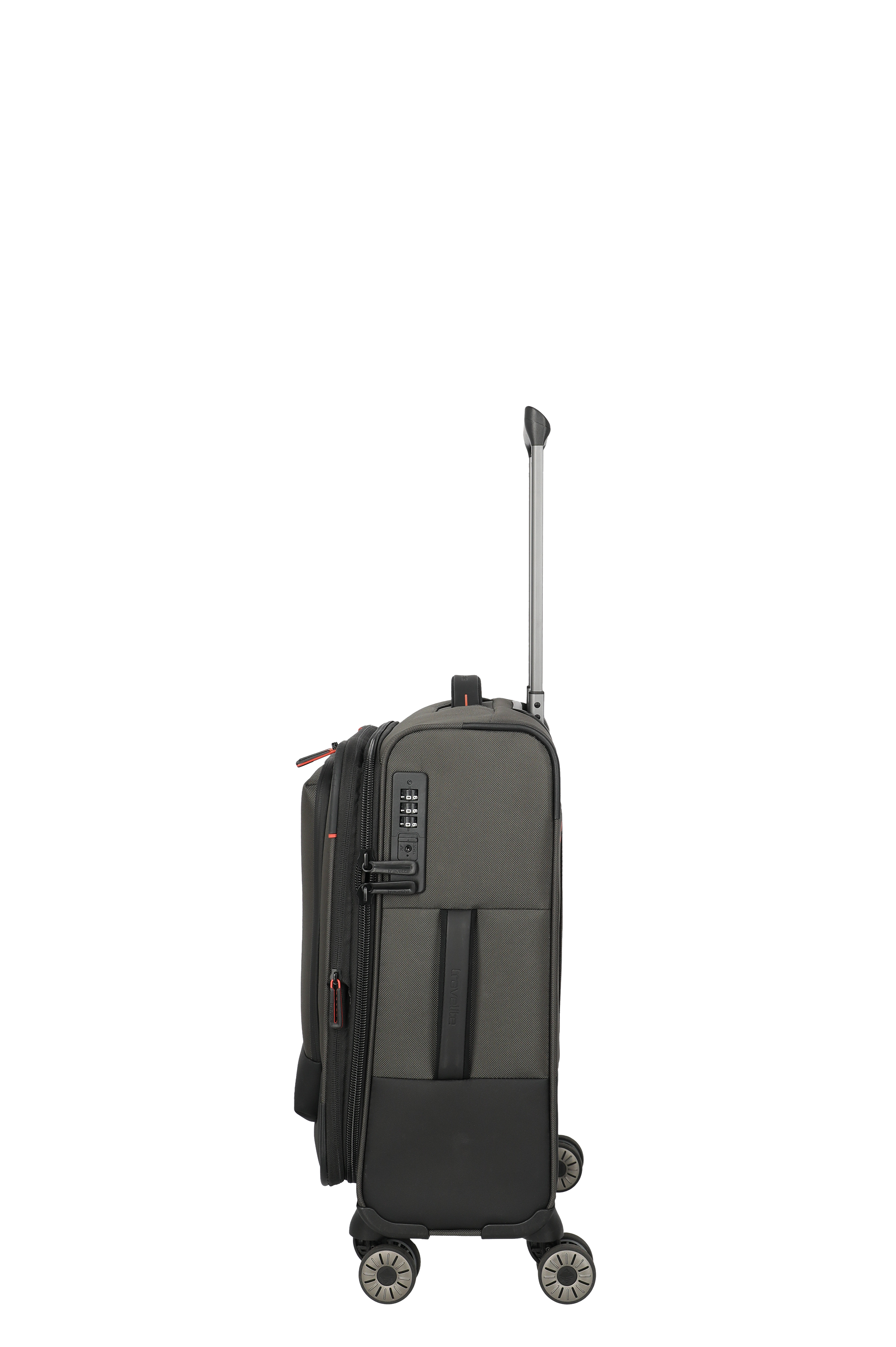 Moderner grauer Trolley mit vier Rollen und Teleskopgriff, seitliche Ansicht