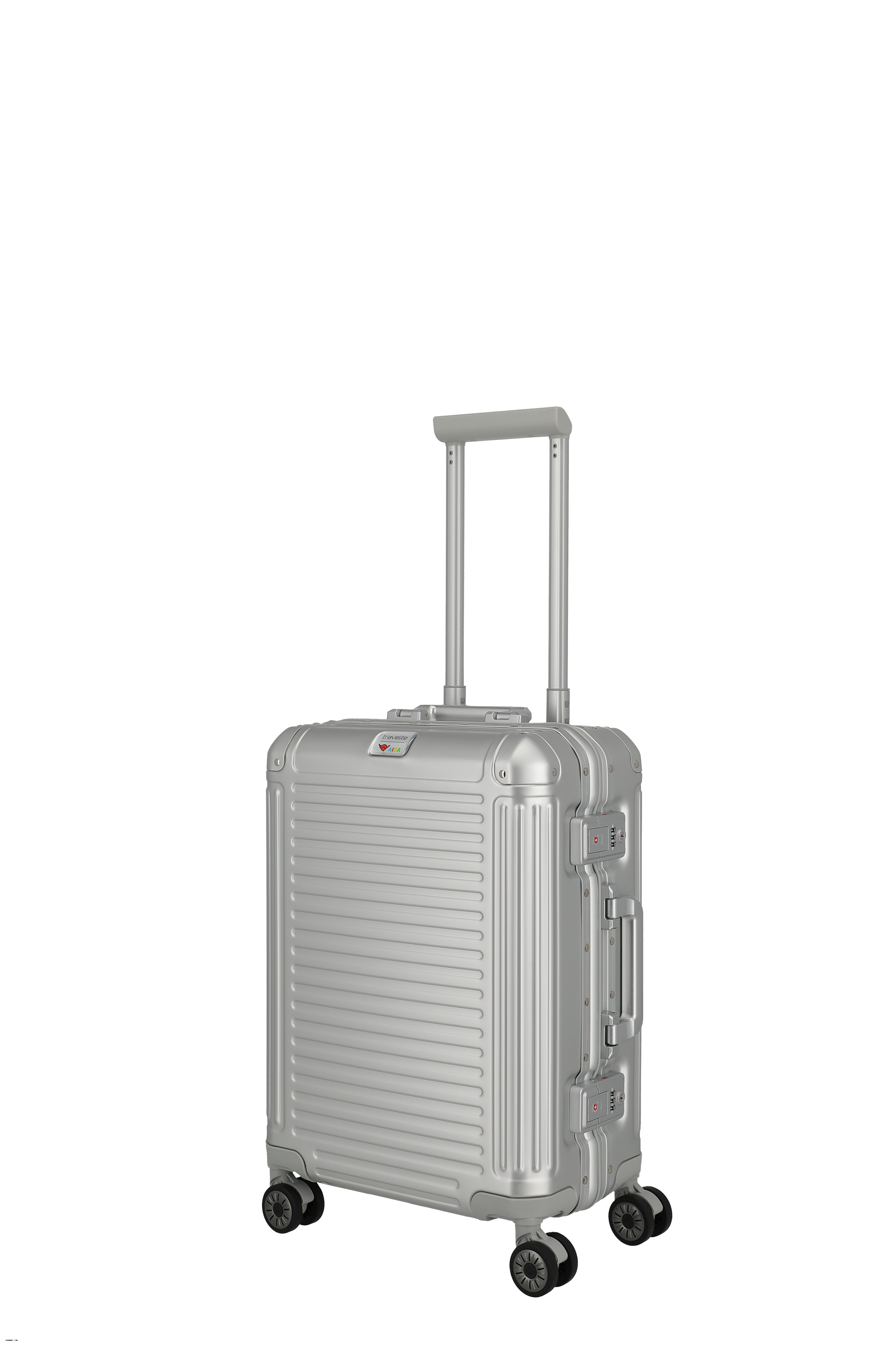 Robuster silberner Hartschalen-Koffer mit Teleskopgriff und vier Rollen, ideal für Reisen