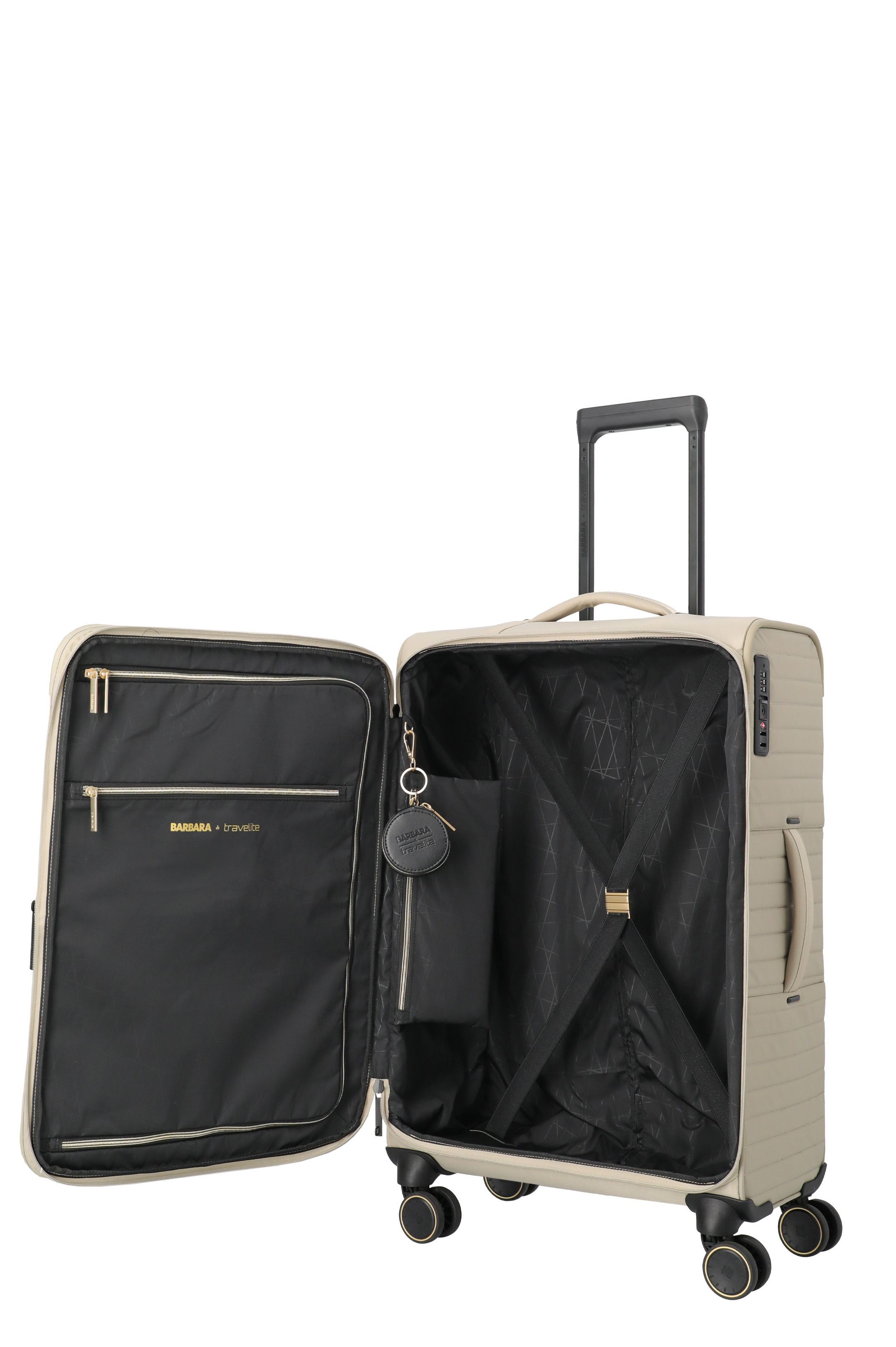 Hochwertiger Hartschalen-Trolley in Beige mit geöffnetem Innenfach und praktischen Packgurten
